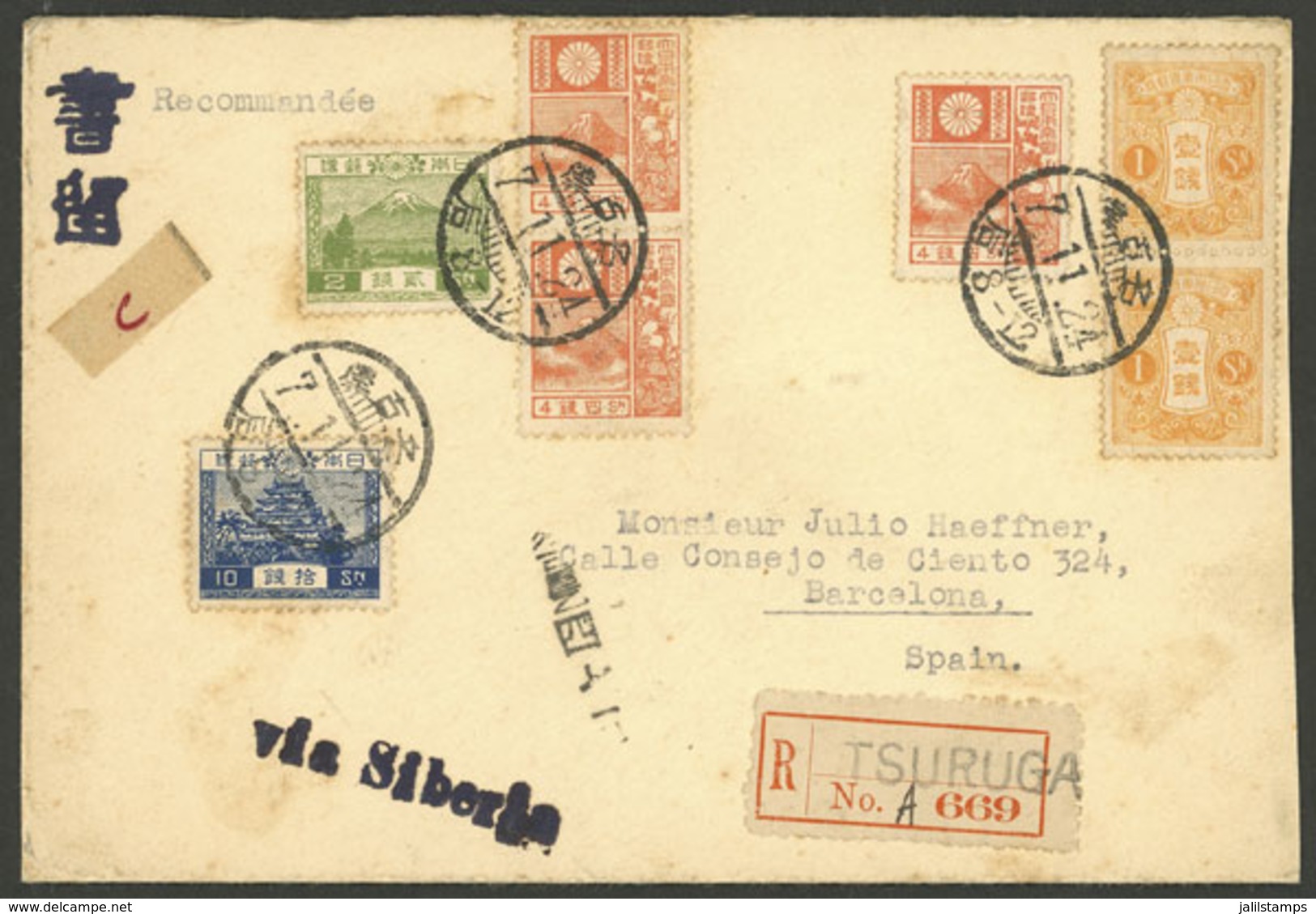 JAPAN: 7/NO/1924 Tsuruga - Barcelona, Spain, Registered Cover Franked With 26Sn., Very Nice! - Autres & Non Classés