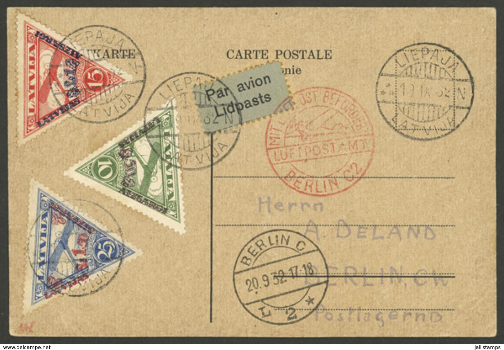 LATVIA: 19/SE/1932 Liepaja - Berlin, Card Franked By Sc.CB3/CB5, Sent By Airmail By DLH, With Berlin Arrival Mark Of 20/ - Lettonie
