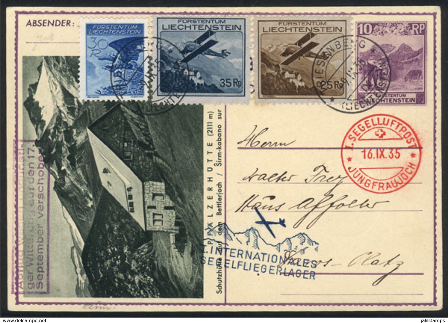LIECHTENSTEIN: Card Sent On 9/SE/1936 From Triesenberg To Be Carried On Glider Flight Jungfrau - Thun Of 16/SE In Switze - Autres & Non Classés