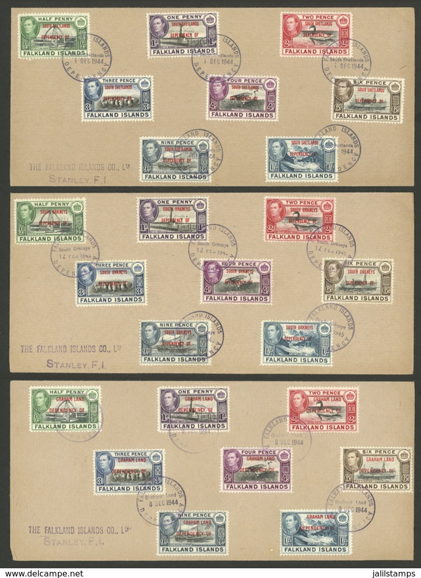 FALKLAND ISLANDS/MALVINAS: 3 Covers With Sets Of 8 Values Of South Shetlands, South Orkneys, And Graham Land, With Cance - Falkland