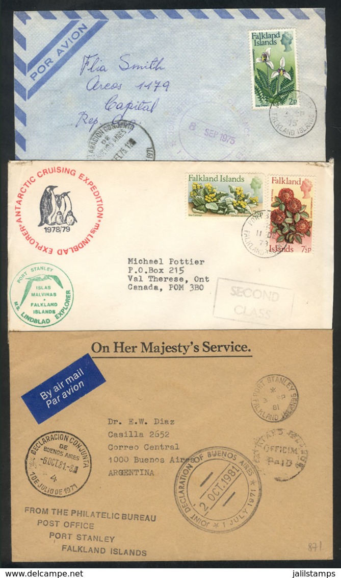 FALKLAND ISLANDS/MALVINAS: 3 Covers Sent Between 1975 And 1981 To Argentina (2) And Canada, Interesting! - Falkland