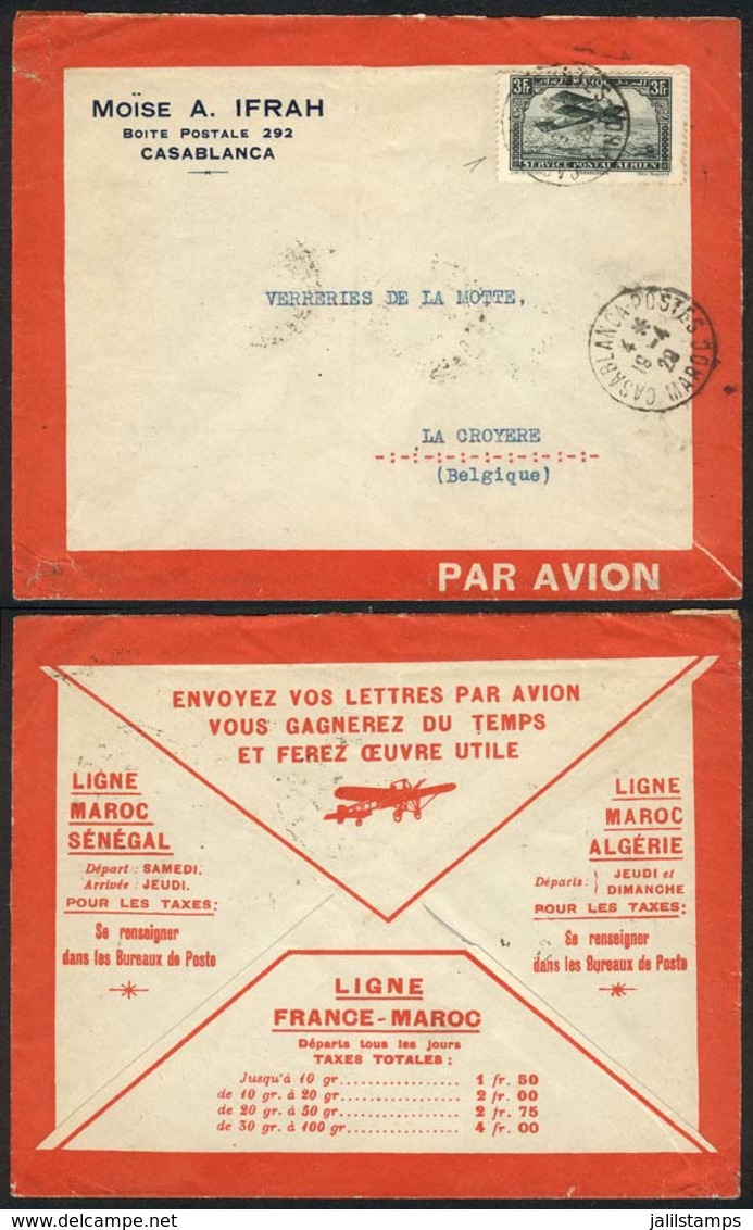 MOROCCO: Airmail Cover Sent From Casablanca To Belgium On 19/AP/1929 Franked With 3Fr., VF Quality! - Autres & Non Classés