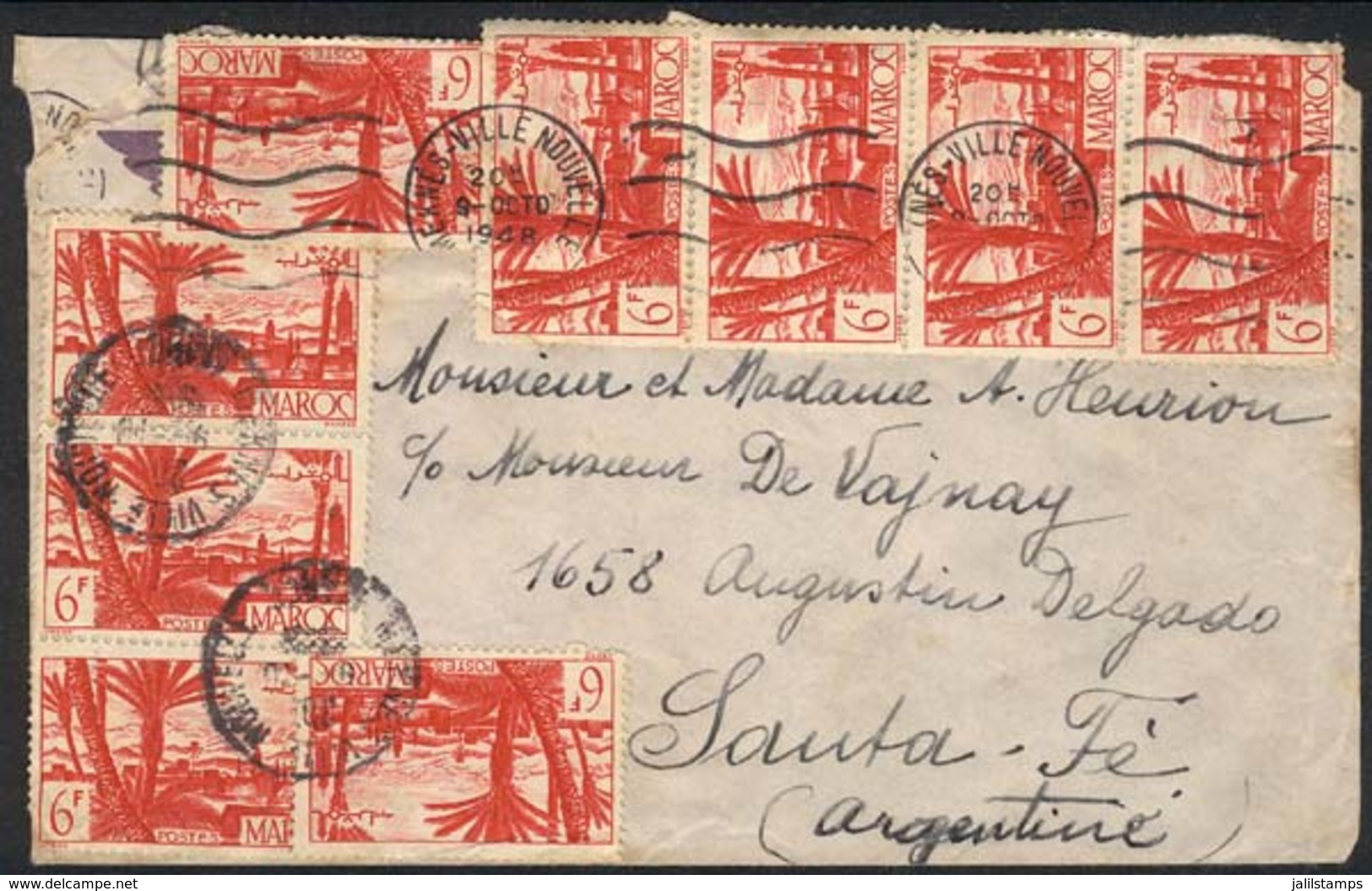 MOROCCO: Airmail Cover Sent From Meknés-Ville Nouvelle To Argentina On 9/OC/1948, Fantastic Postage Of 54Fr., Scarce Des - Autres & Non Classés