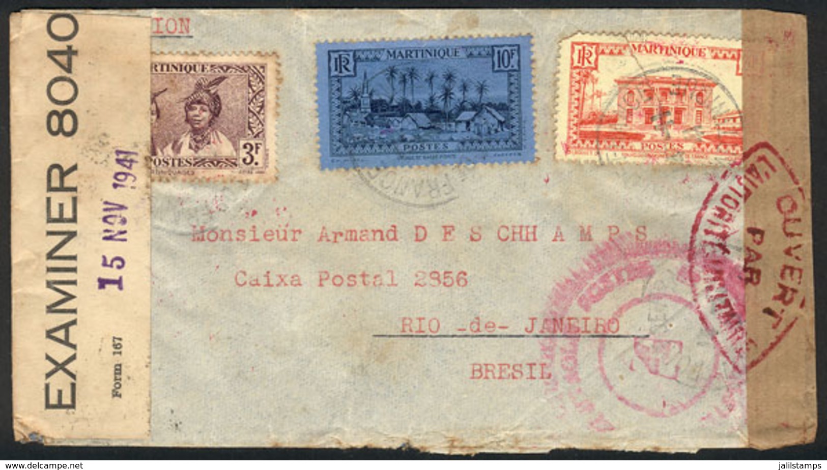 MARTINIQUE: Airmail Cover Sent From Fort-de-France To Rio De Janeiro In NOV/1941, Good Postage, Censored, Very Nice! - Autres & Non Classés