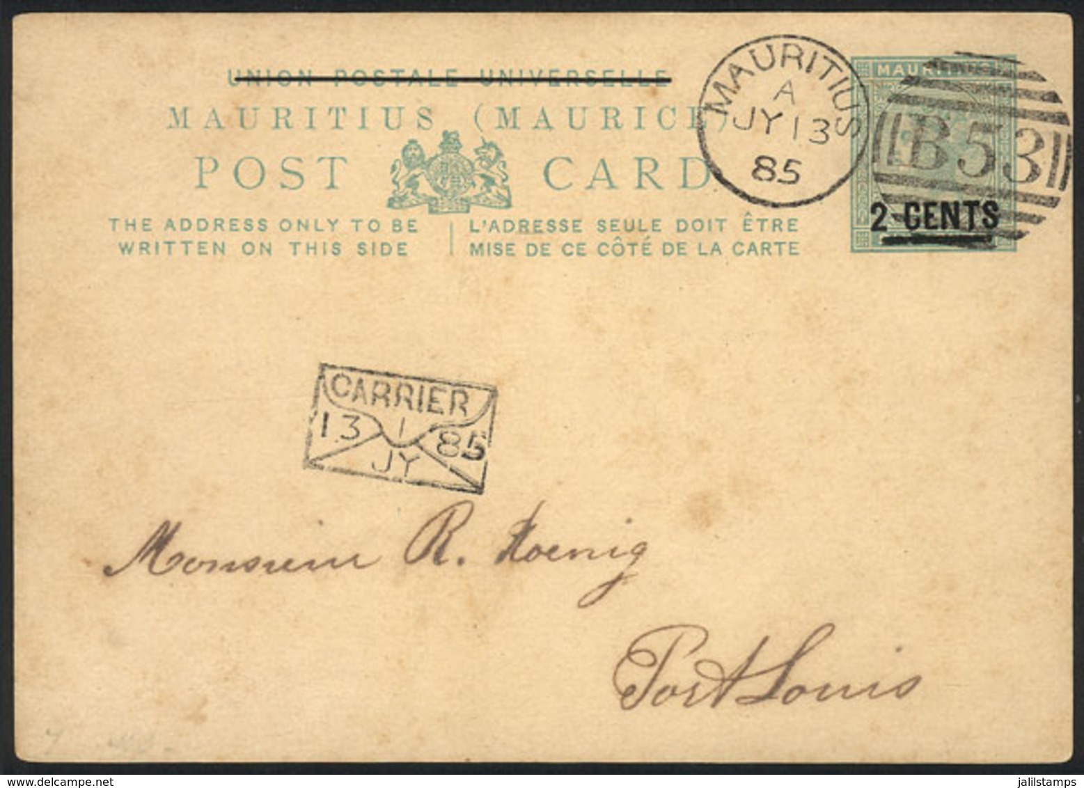 MAURITIUS: Postal Card Sent To Port Saint Louis On 13/JUL/1885, VF Quality! - Mauritius (...-1967)