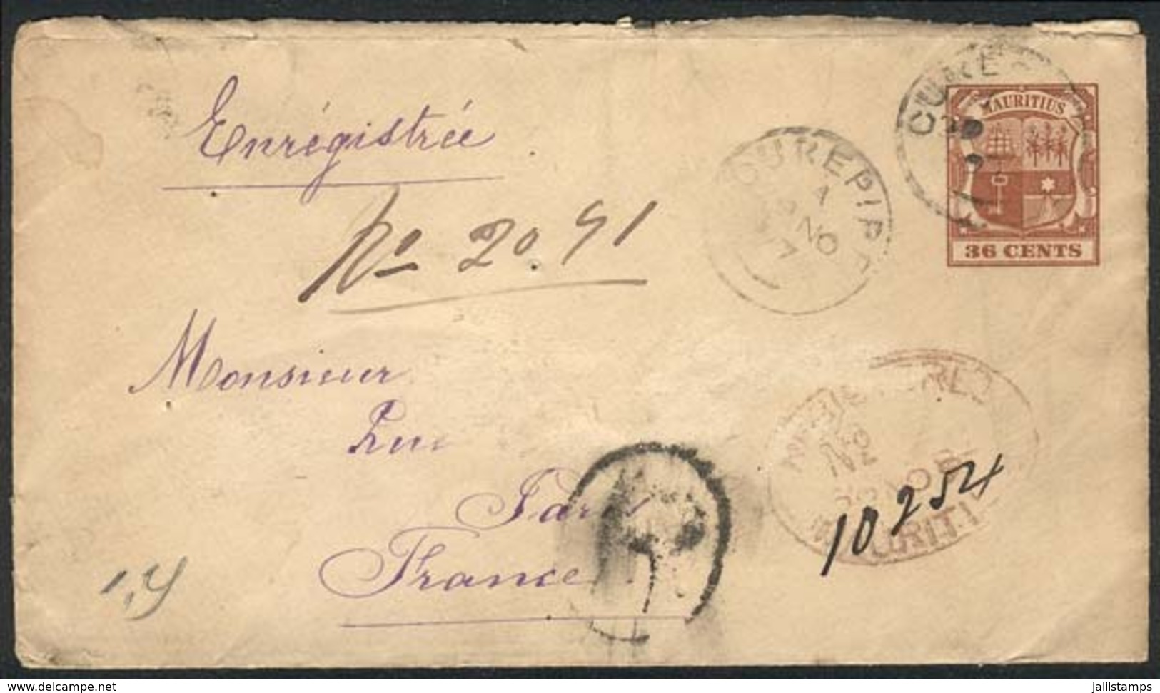 MAURITIUS: Registered 36c. Stationery Cover Sent From CUREPIPE To France On 29/NO/1897, Minor Defects, Rare! - Mauritius (...-1967)
