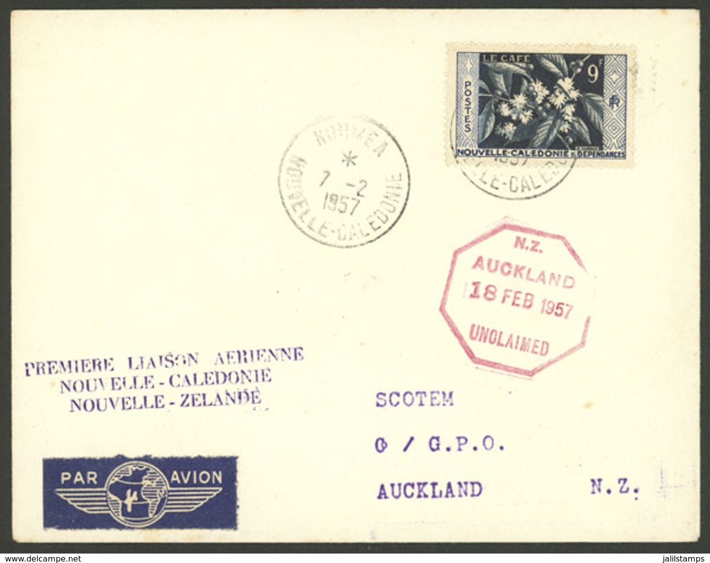 NEW CALEDONIA: 7/FE/1957 Noumea - New Zealand, First Flight Cover With Special Violent Mark, Auckland Arrival Backstamp, - Autres & Non Classés