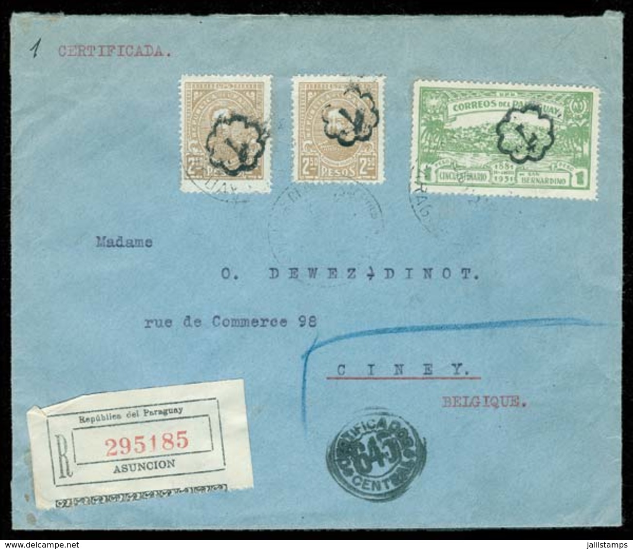 PARAGUAY: Registered Cover Sent From Asunción To Belgium On 10/DE/1931, Franked With 5P. And Cancelled By "7" Inside Ros - Paraguay