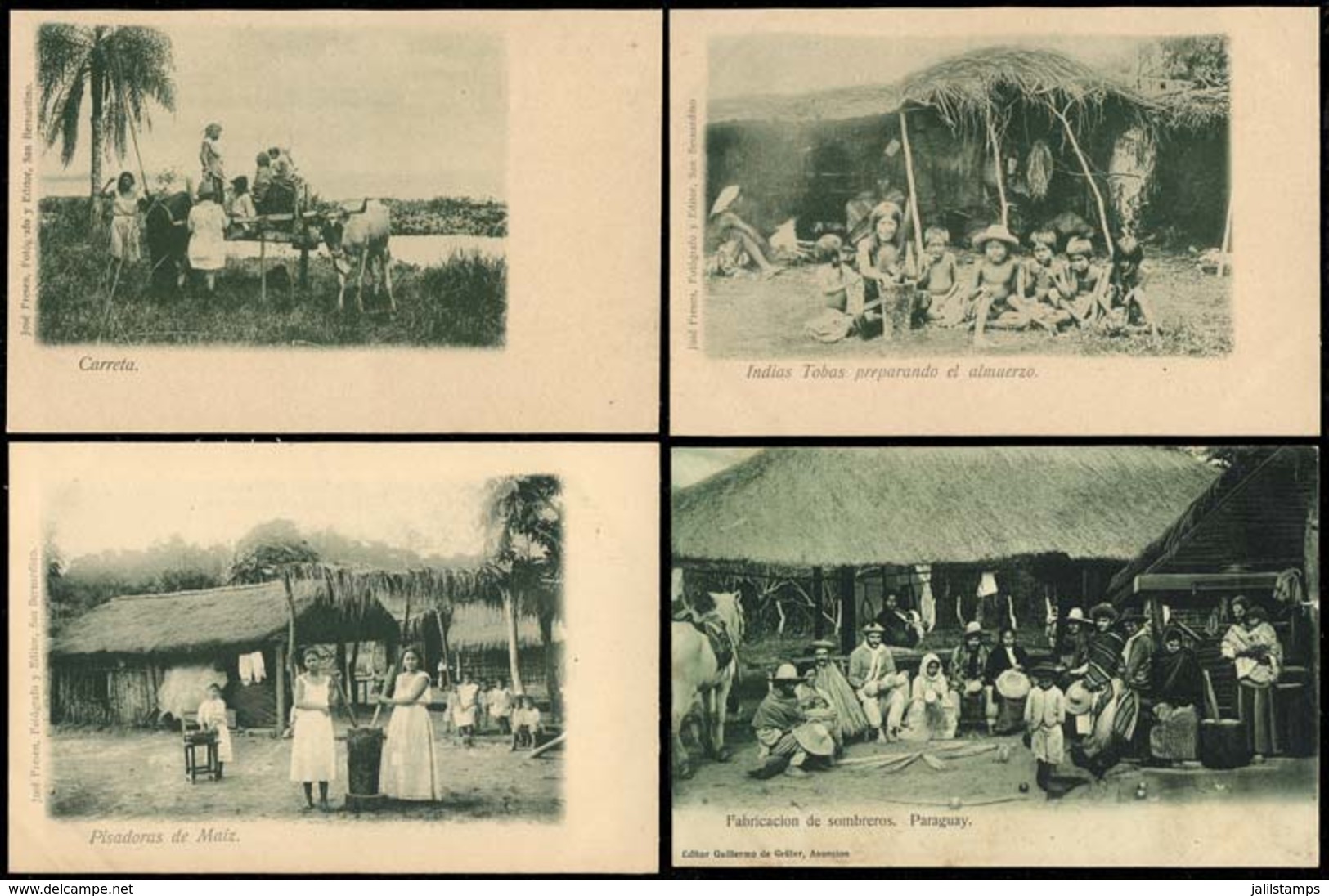 PARAGUAY: Indians And Workers: 6 Fantastic Postcards With Fantastic Views: Toba Indians Preparing Lunch, Cart, Hat Makin - Paraguay