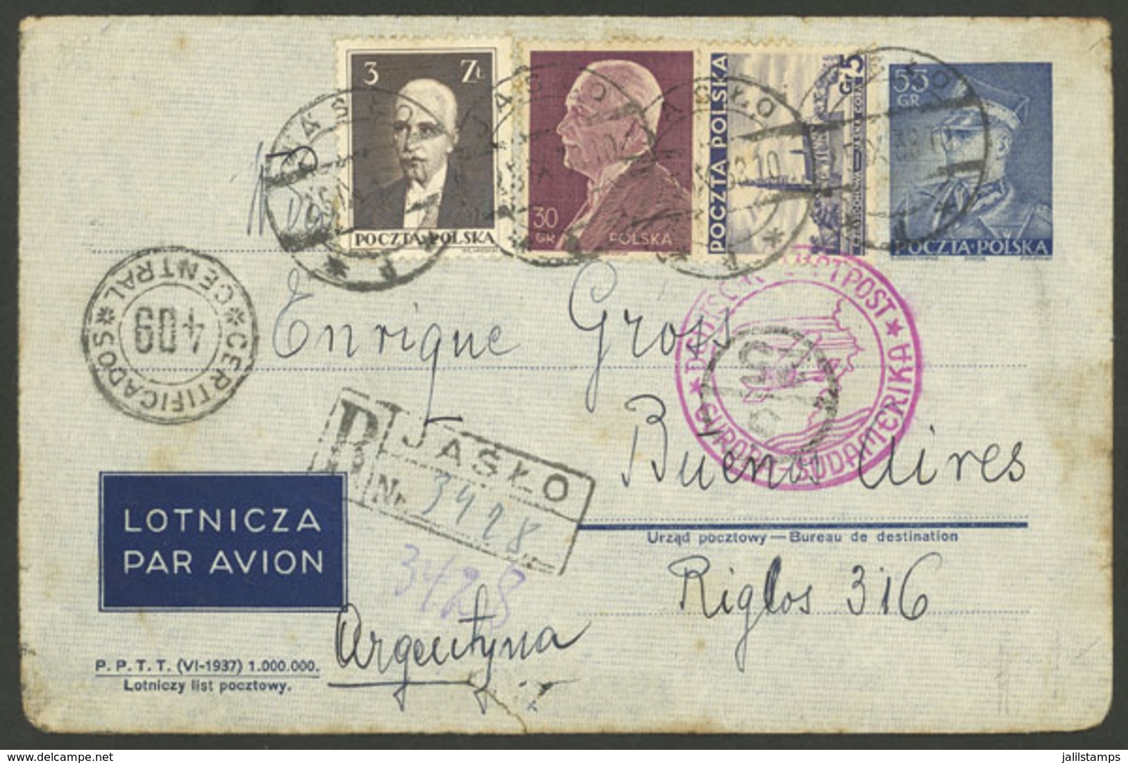 POLAND: 25/SE/1938 Jazko - Argentina, Airmail Stationery Envelope Sent By German DLH With Total Postage Of 2.90Zt., Very - Autres & Non Classés