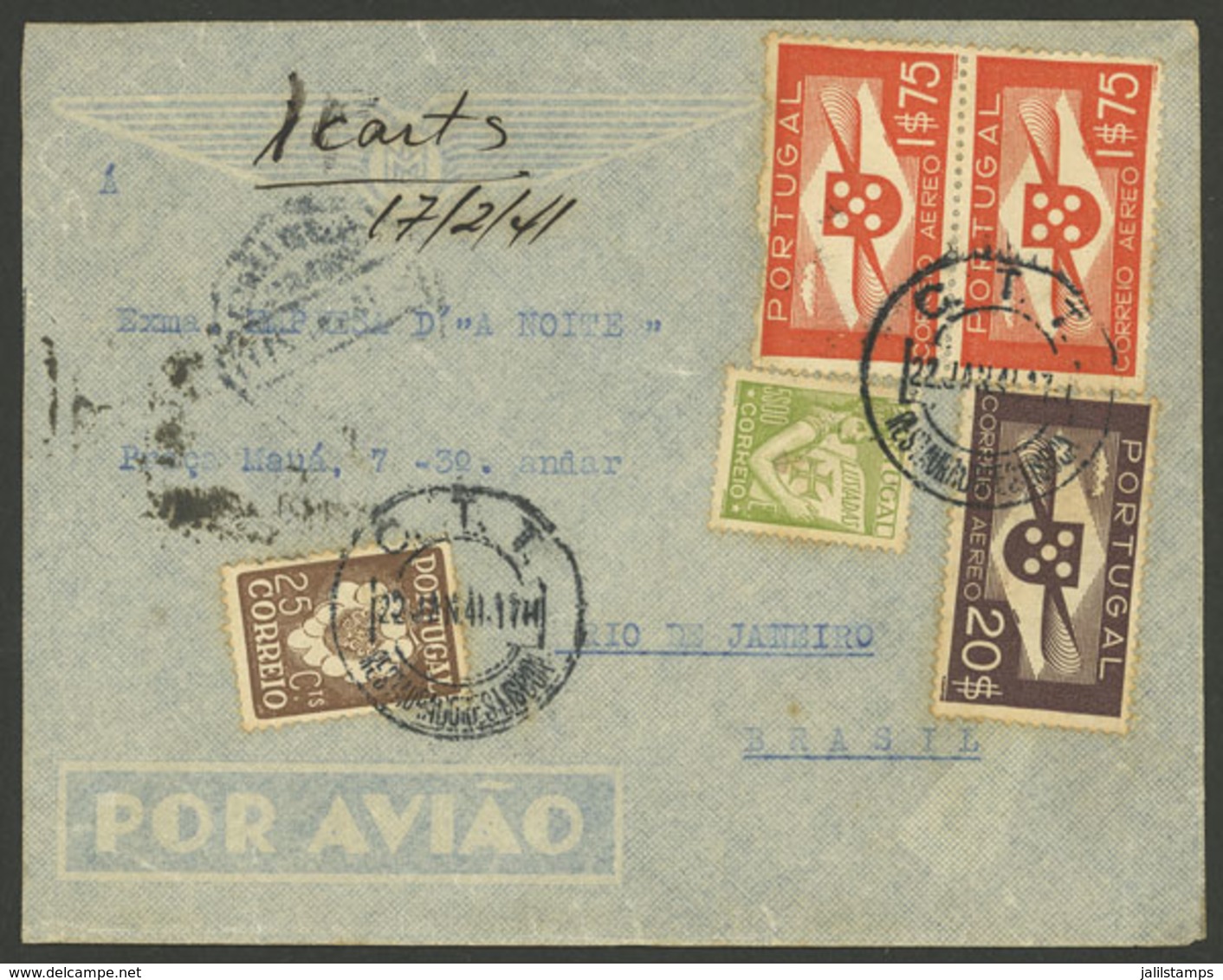PORTUGAL: 22/JA/1941 Lisboa - Brazil, Airmail Cover Sent By LATI Franked With 28.75E., With Arrival Backstamp Of Rio De  - Autres & Non Classés