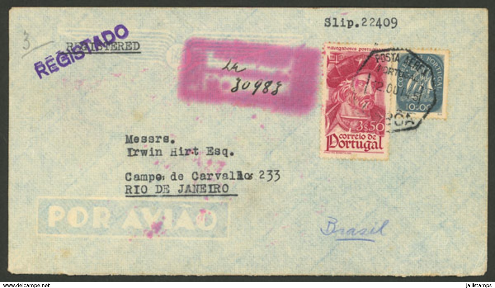 PORTUGAL: 12/OC/1945 Lisboa - Brazil, Registered Airmail Cover Dispatched A Few Days After The End Of World War II Frank - Autres & Non Classés