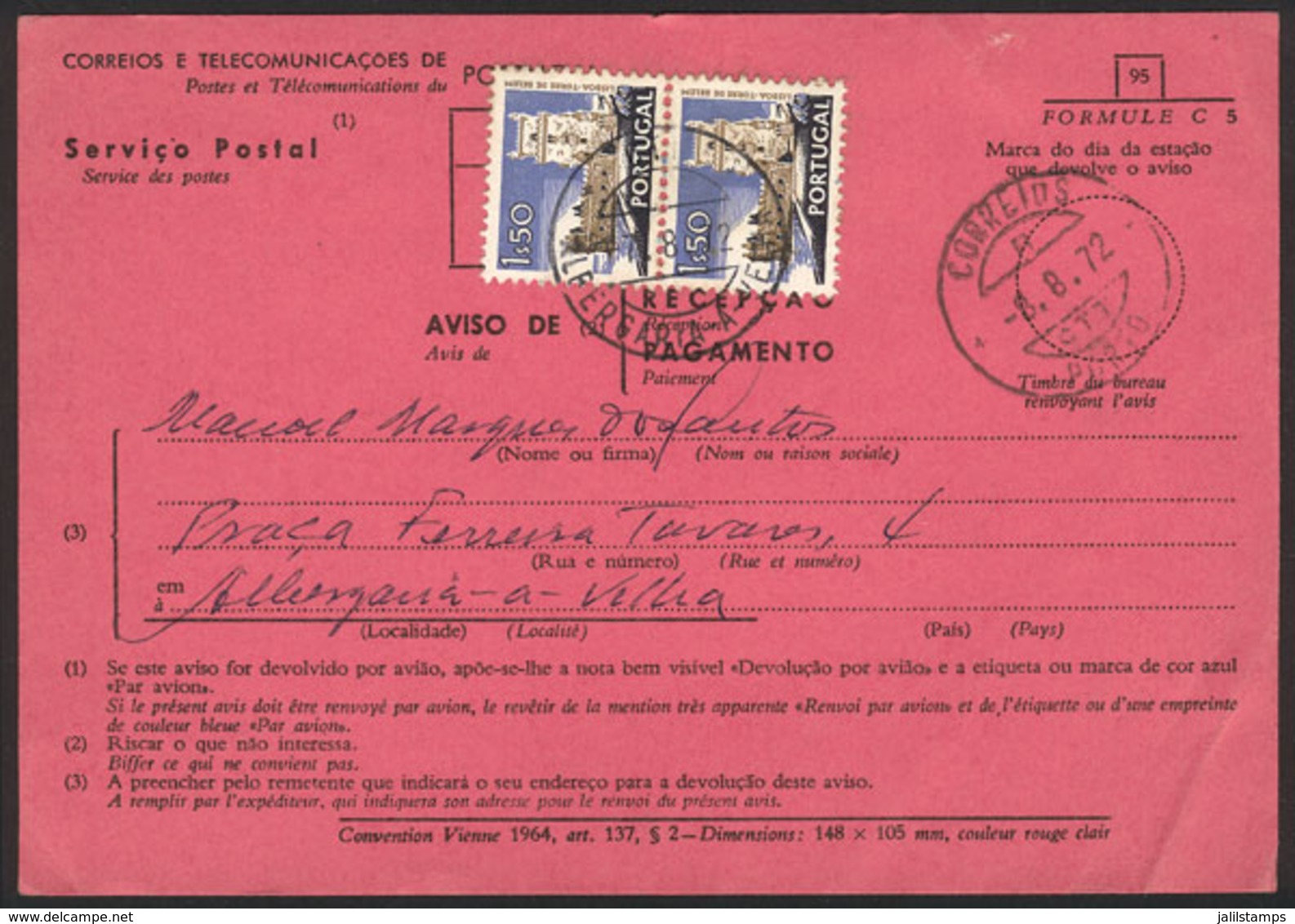 PORTUGAL: Payment Receipt For A Postal Money Order Of 8/AU/1972, Interesting! - Autres & Non Classés