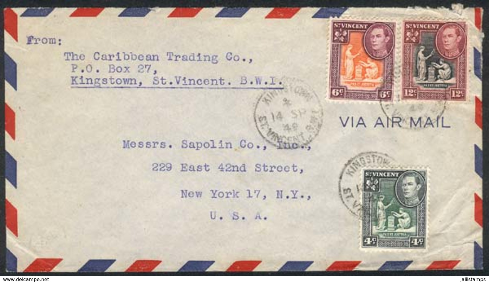 SAINT VINCENT: Cover With 3-color Postage Of 22c. Sent From Kingstown To New York On 14/SE/1949, VF! - St.Vincent (...-1979)