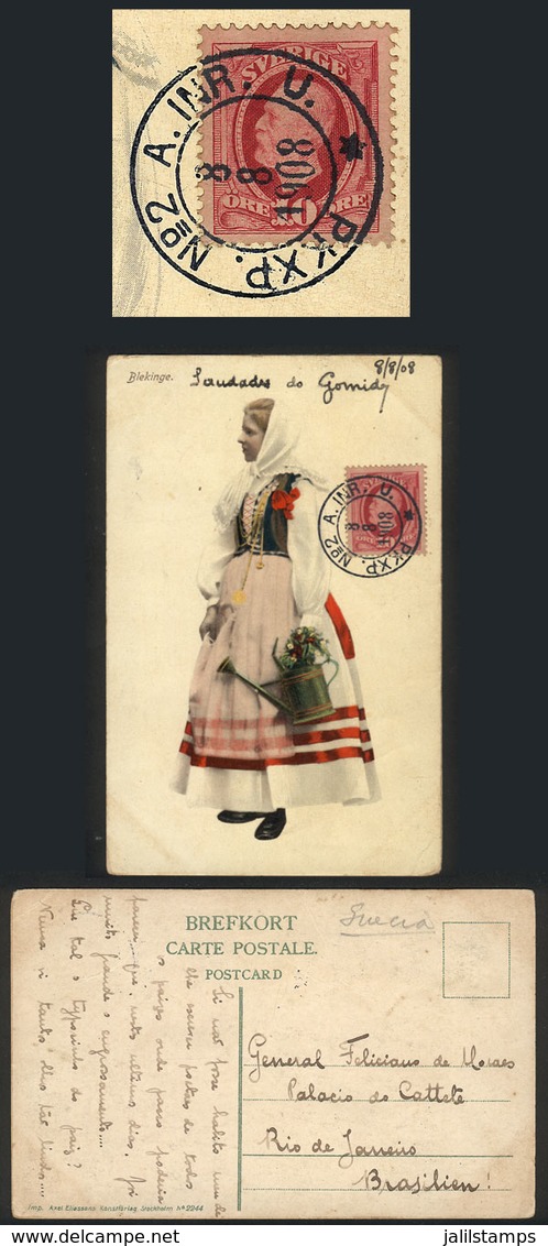 SWEDEN: Postcard (typical Costume) Franked With 10o. With Interesting Postmark, Sent To Brazil On 8/AU/1908, Minor Defec - Sonstige & Ohne Zuordnung
