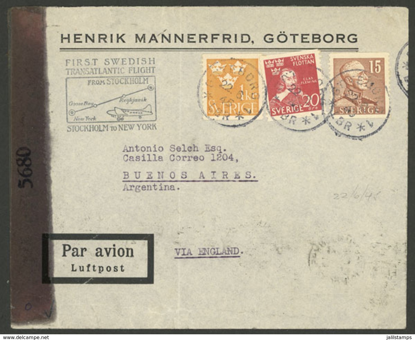 SWEDEN: 22/JUN/1945 Stockholm - New York, First Swedish Transatlantic Flight, Censored Cover With Final Destination Arge - Sonstige & Ohne Zuordnung