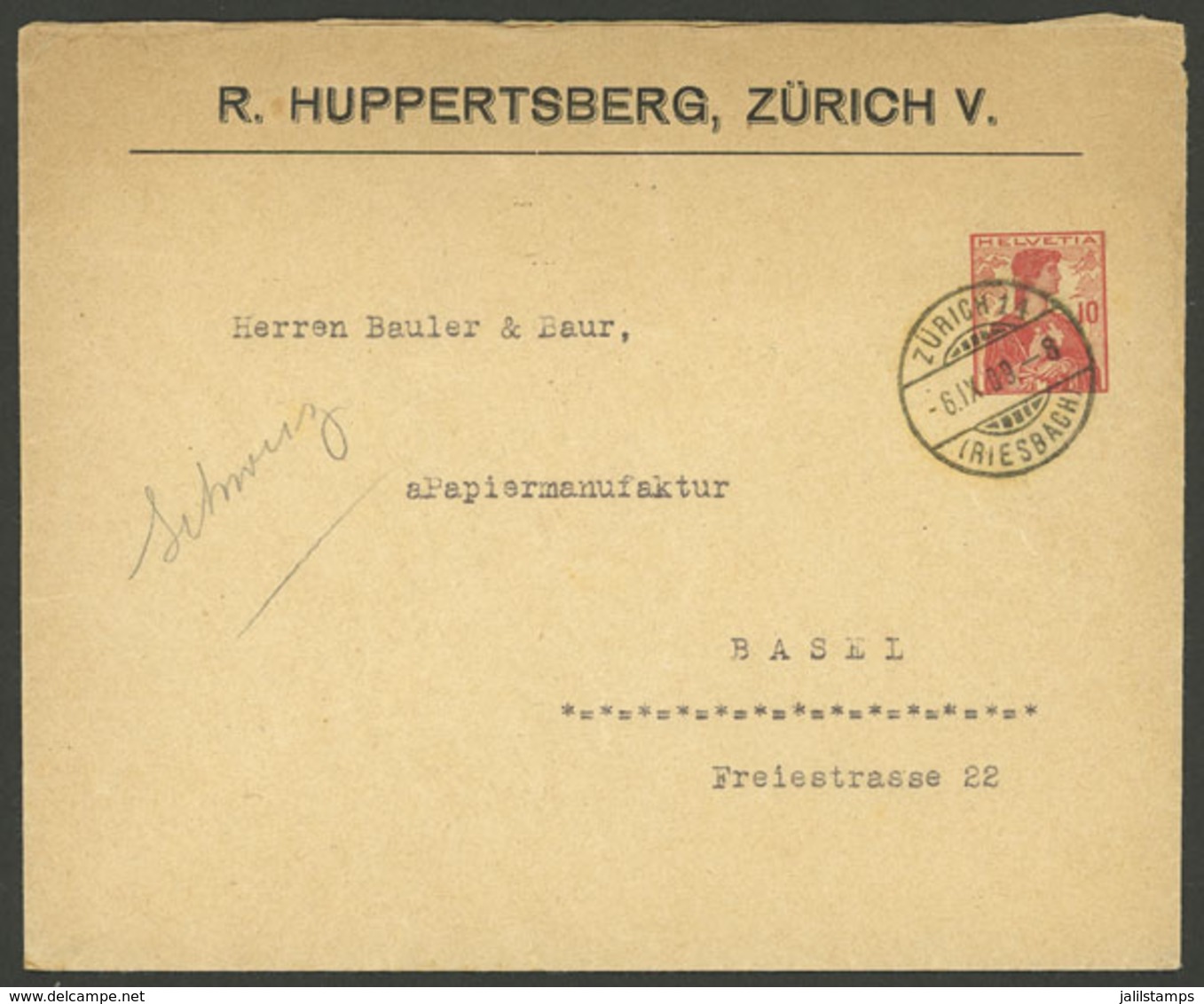 SWITZERLAND: 10c. Stationery Envelope With Printed "R.HUPPERTSBERG" Sent From Zürich To Basel On 6/SE/1909, VF!" - Altri & Non Classificati