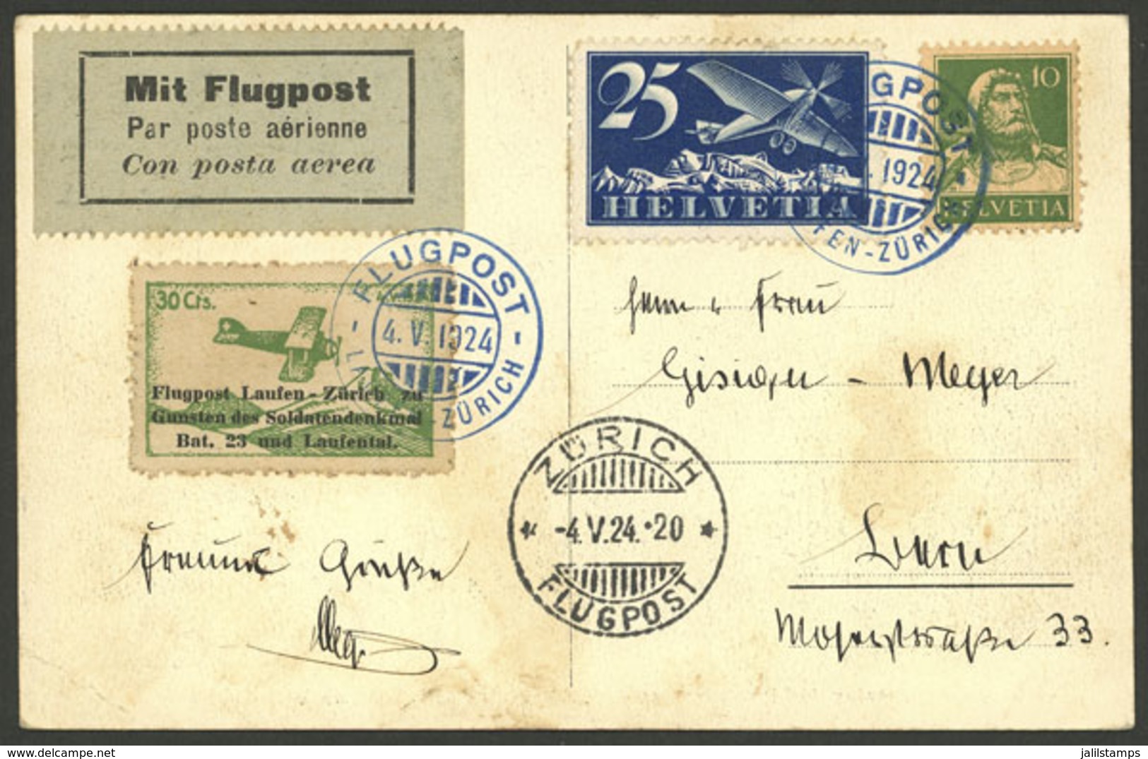 SWITZERLAND: 4/MAY/1924 Laufen - Zürich, Card Flown With Cinderella And Special Markings, Very Nice! - Autres & Non Classés