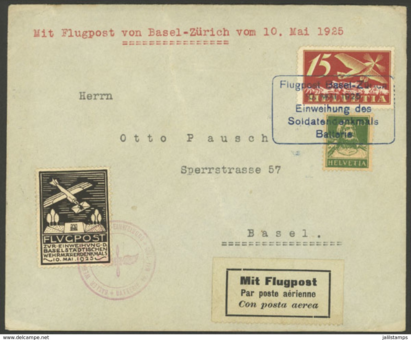 SWITZERLAND: 10/MAY/1925 Basel - Zürich, Flown Cover With Cinderella And Special Blue Mark, Arrival Backstamp, Very Nice - Autres & Non Classés