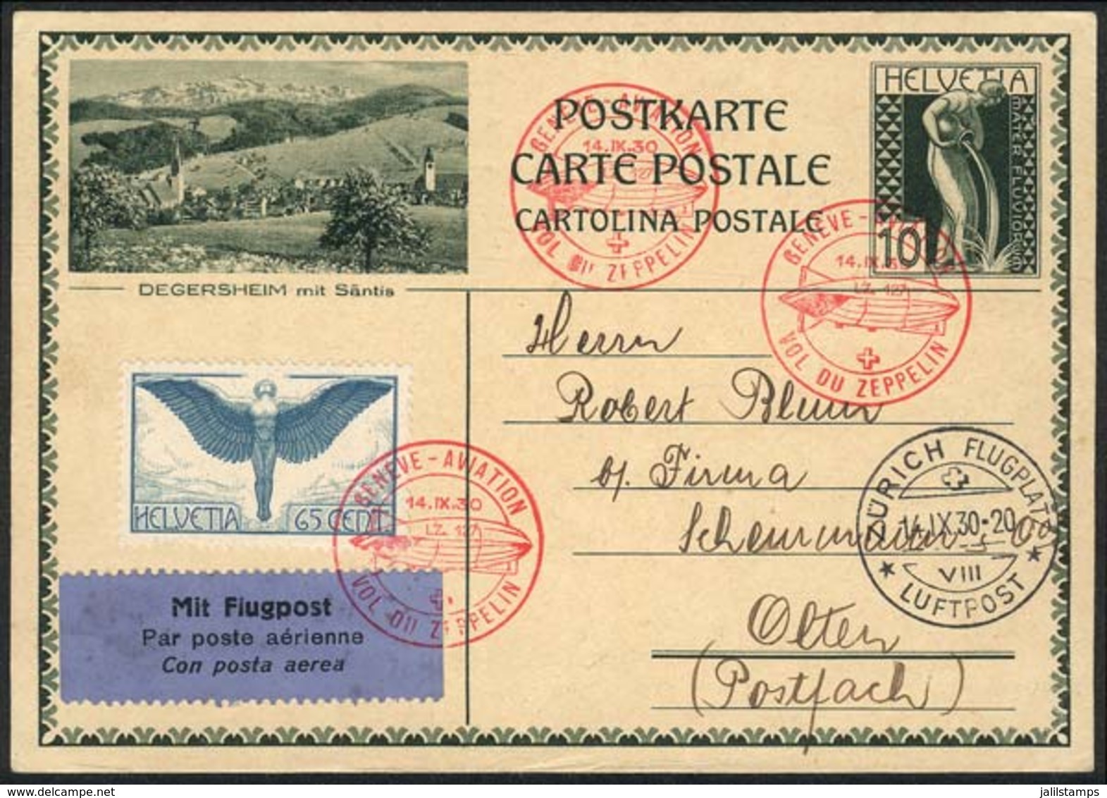 SWITZERLAND: Postal Card Illustrated With View Of Degersheim, Sent Via ZEPPELIN From Geneve To Olten On 14/SE/1930, Exce - Autres & Non Classés