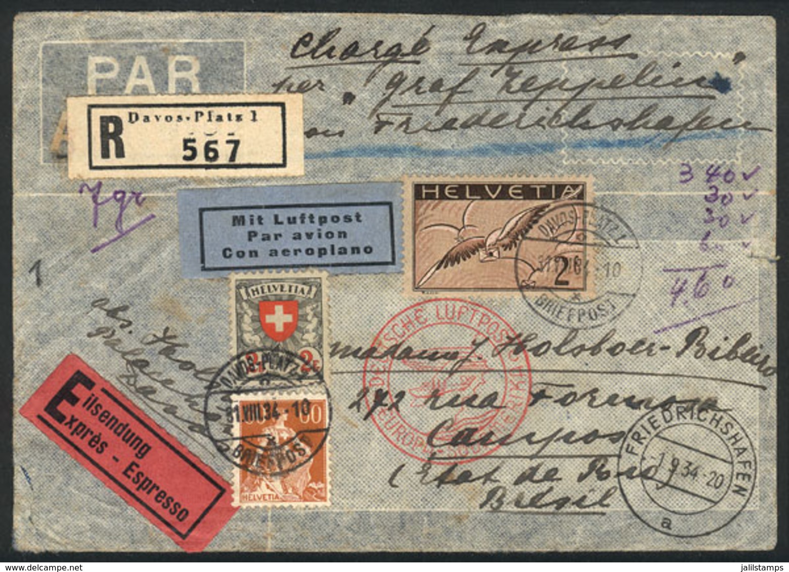 SWITZERLAND: Registered Cover Flown By ZEPPELIN, Sent From Davos To Campos (Brazil) On 31/AU/1934 Franked With 4.60Fr.,  - Autres & Non Classés