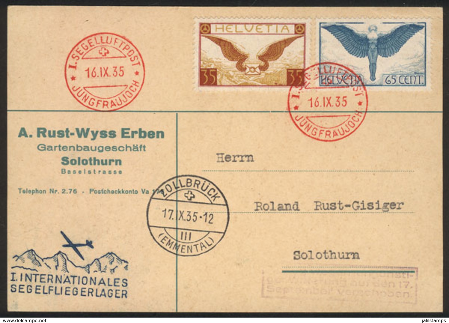 SWITZERLAND: 16/SE/1935 Jungfrau - Zollbrück, Card Flown By Glider, Very Fine Quality! - Autres & Non Classés