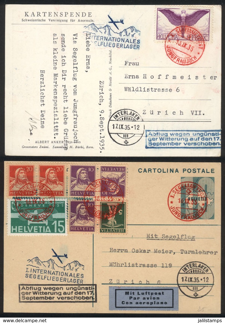 SWITZERLAND: 16/SE/1935 Jungfrau - Interlaken, 2 Cards Flown By Glider With Special Rectangular Handstamp In Black And B - Autres & Non Classés