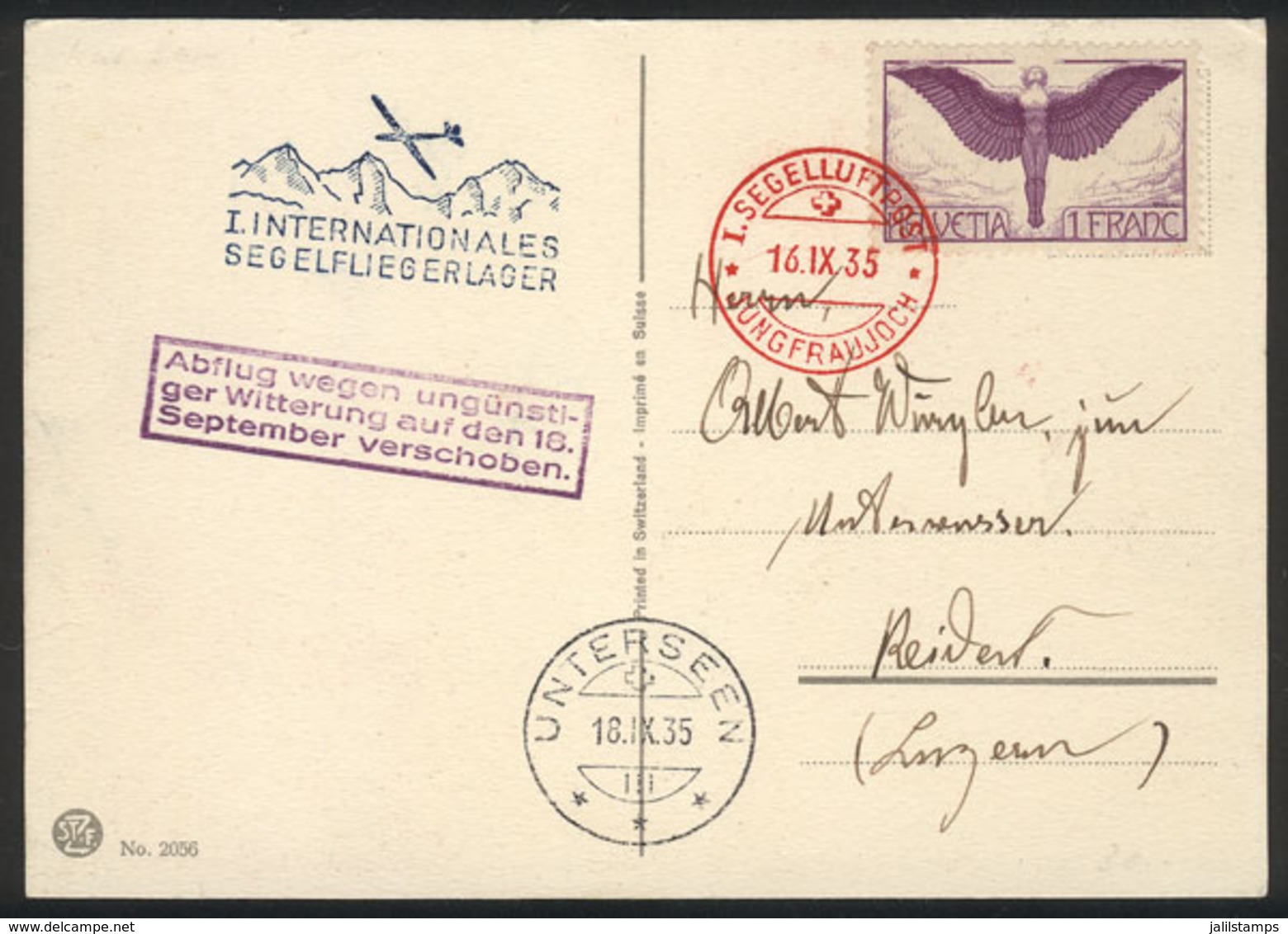 SWITZERLAND: 16/SE/1935 Jungfrau - Unterseen, Card Flown By Glider, Very Fine Quality! - Autres & Non Classés