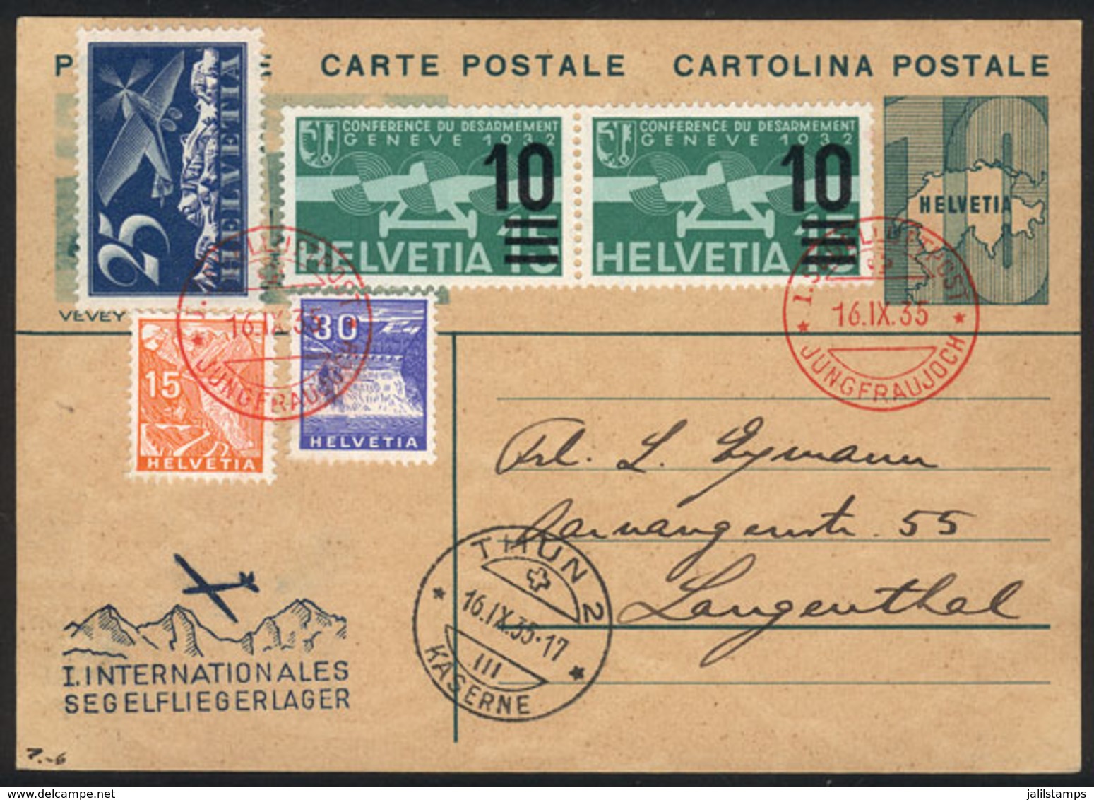 SWITZERLAND: 16/SE/1935 Jungfrau - Thun, Card Flown By Glider, Very Fine Quality! - Autres & Non Classés