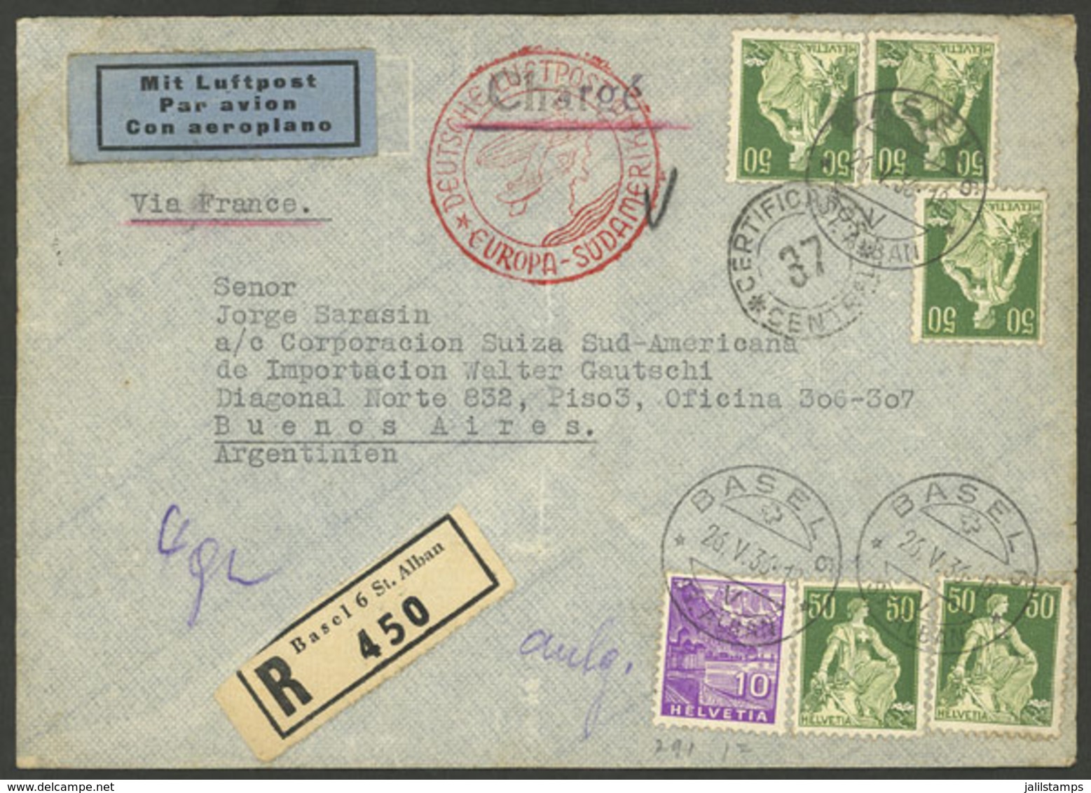 SWITZERLAND: 26/MAY/1936 Basel - Argentina, Registered Airmail Cover Sent By German DLH Franked With 2.60Fr., On Back It - Autres & Non Classés