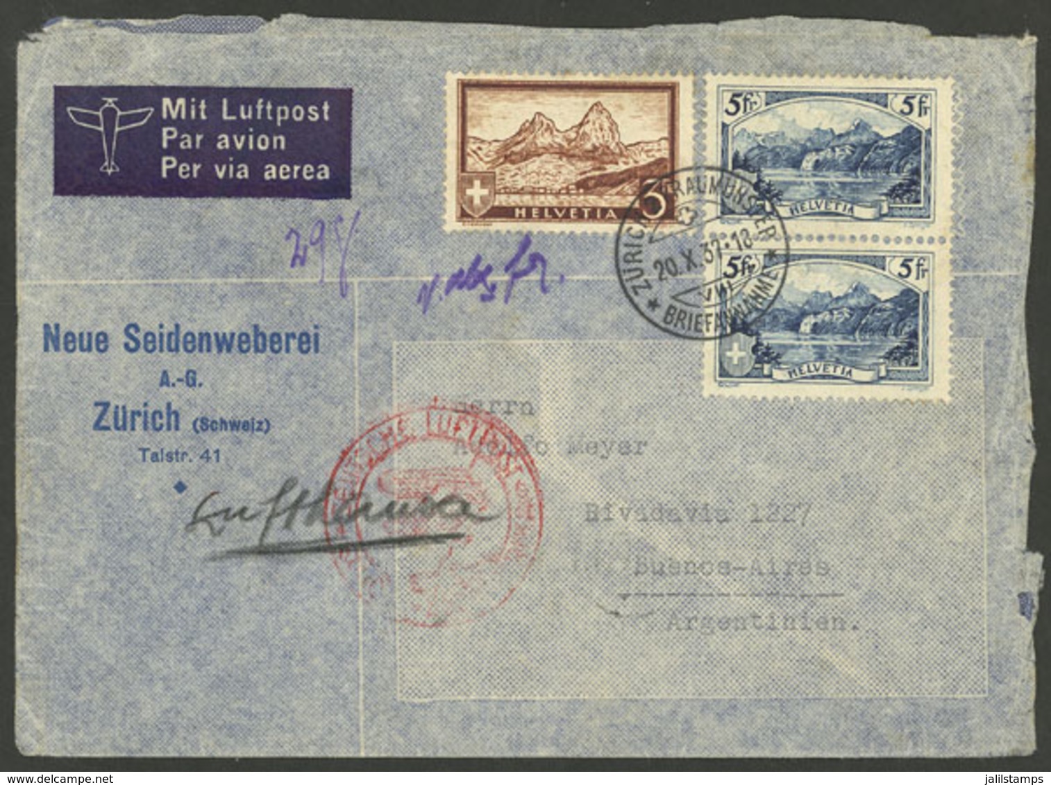SWITZERLAND: 20/OC/1937 Zürich - Argentina, Airmail Cover Sent By German DLH With Large Postage Of 13Fr., On Back Buenos - Autres & Non Classés