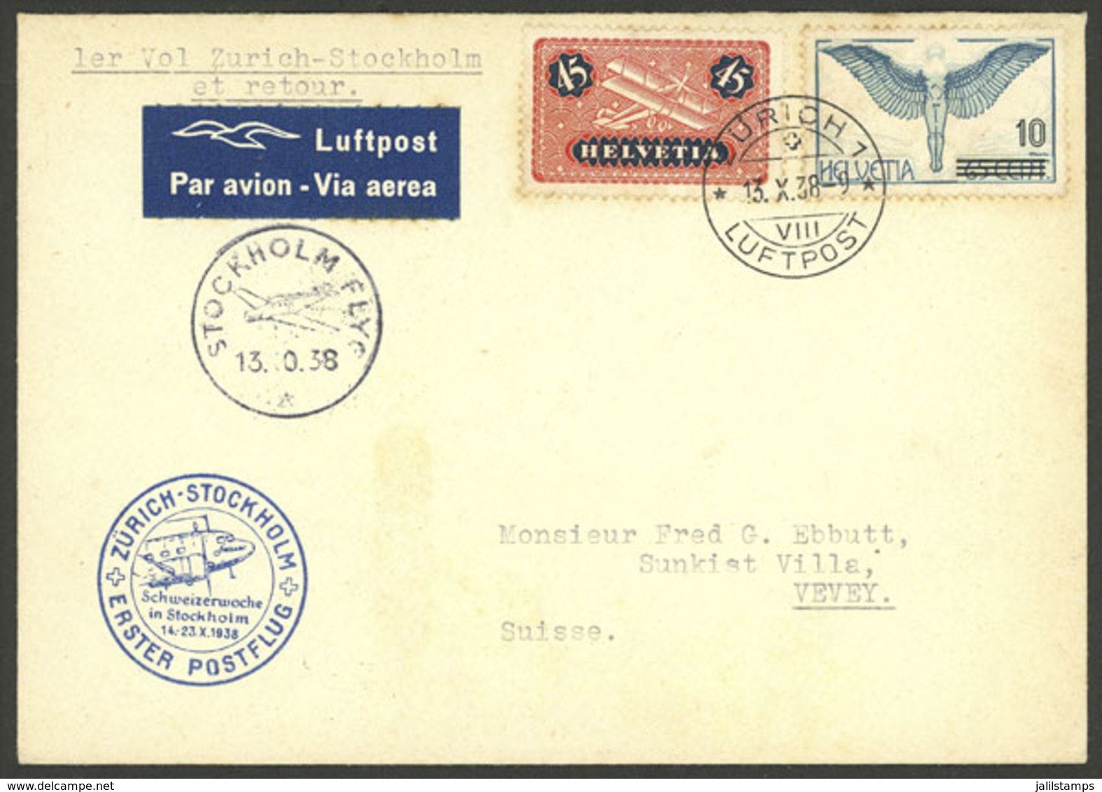 SWITZERLAND: 13/OC/1938 Zürich - Stockholm And Back, First Flight, Cover With Arrival Mark Of Zürich 17/OC (on Back), In - Autres & Non Classés