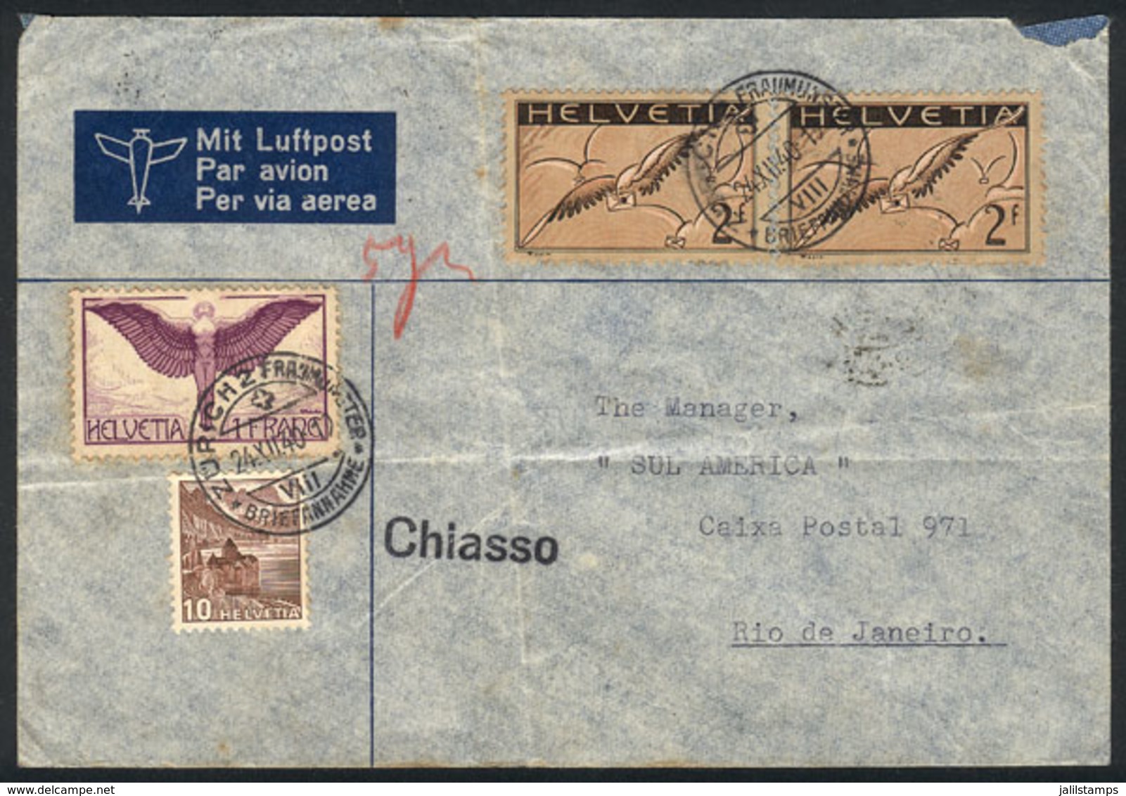 SWITZERLAND: Airmail Cover Sent From Zürich To Rio De Janeiro On 24/DE/1940 Franked With 5.10Fr., Minor Defects, Interes - Autres & Non Classés