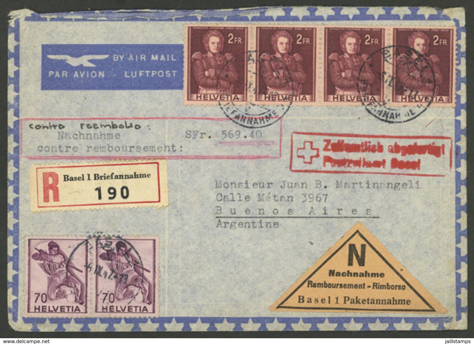 SWITZERLAND: 6/SE/1947 Basel - Argentina, Airmail COD Cover For 569.40Fr., Franked With 9.40Fr., Very Fine Quality, Rare - Autres & Non Classés