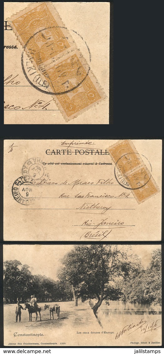 TURKEY: Postcard Franked With 10pa. And Sent From Halki To Brazil On 12/OC/1907, Fine Quality (with Some Minor Defects), - Sonstige & Ohne Zuordnung