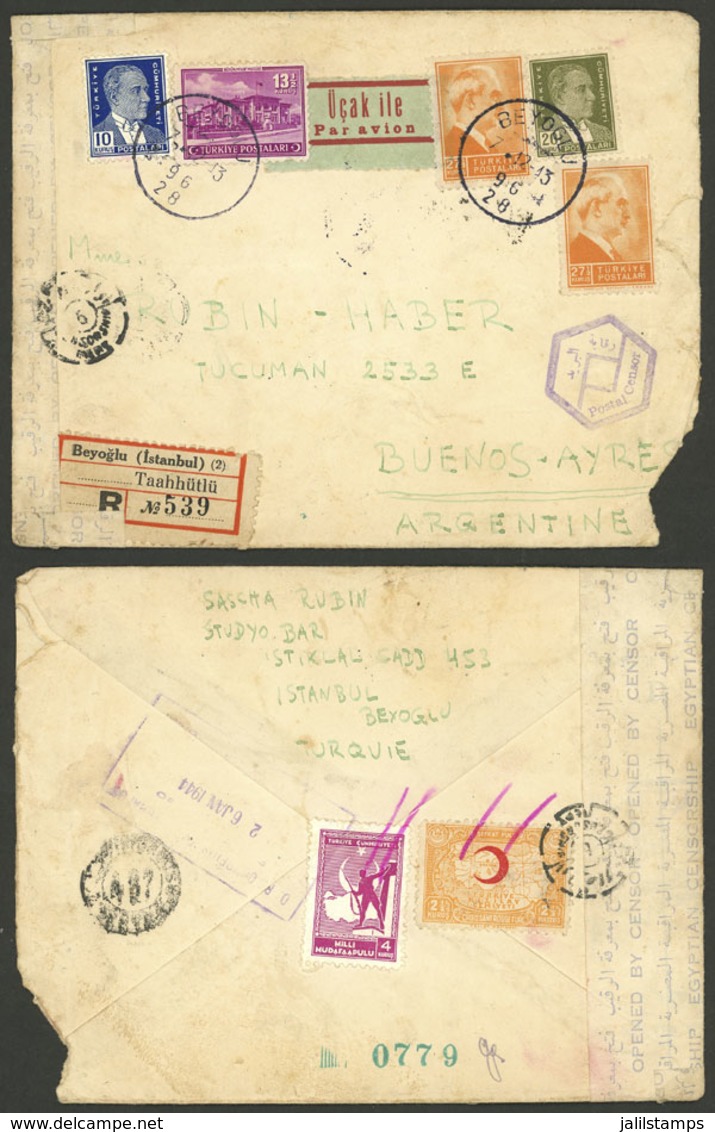 TURKEY: 7/DE/1943 Beyoglu - Argentina, Registered Airmail Cover With Attractive Markings And Egyptian Censor Label, On B - Sonstige & Ohne Zuordnung