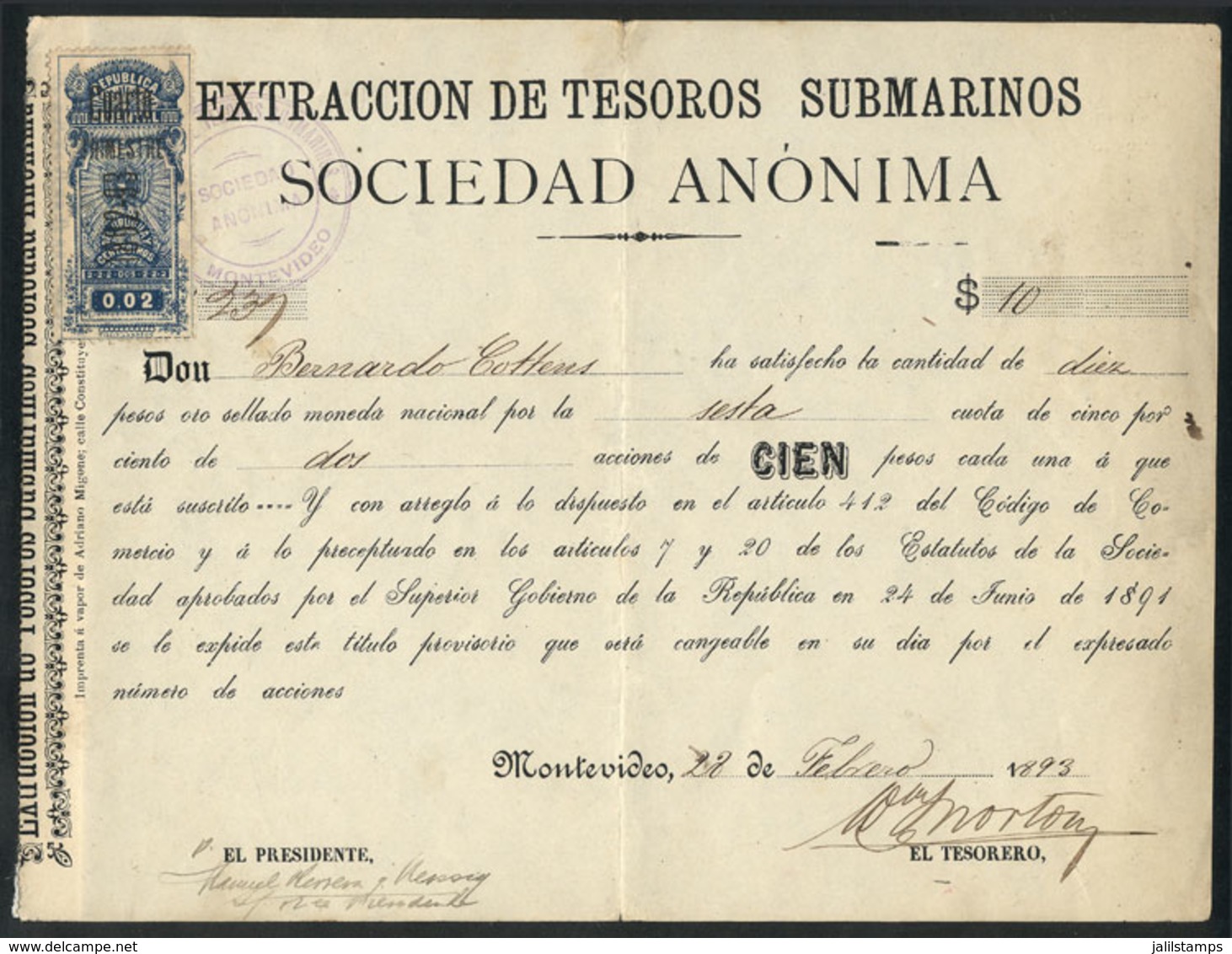 URUGUAY: Receipt For The Payment Of Part Of A Share Of "Anónima Extracción De Tesoros Submarinos" (a Company That Extrac - Uruguay