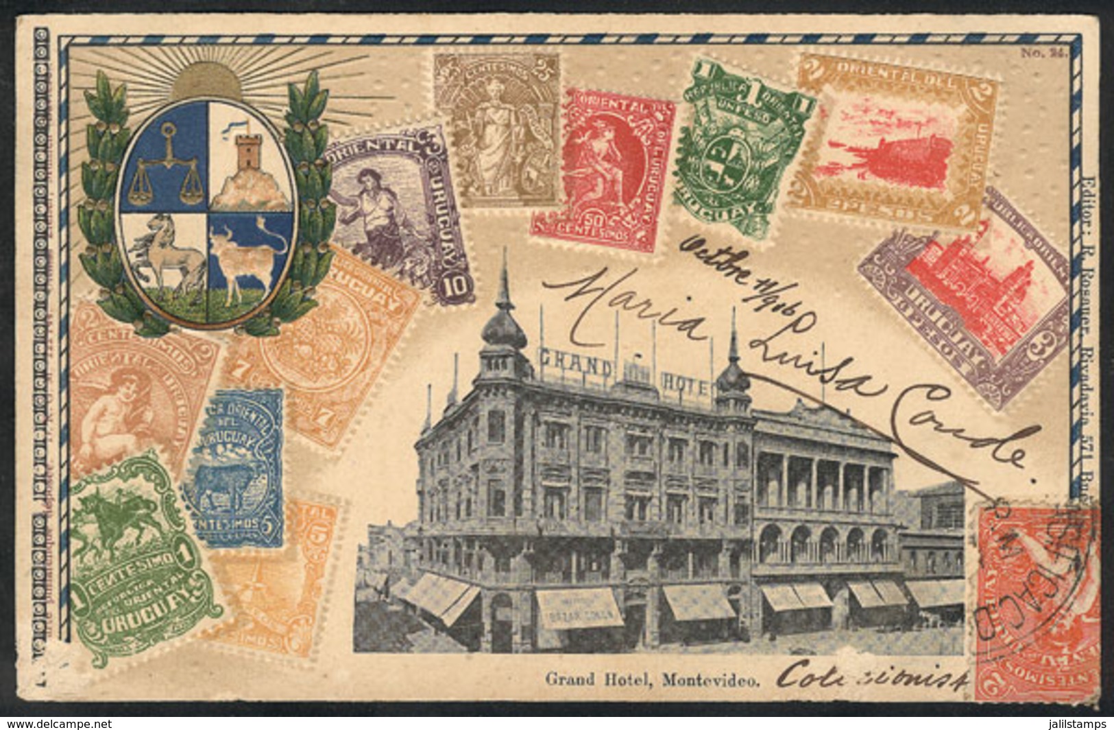 URUGUAY: Montevideo: Grand Hotel, Postage Stamps And Coat Of Arms. Sent To Argentina In 1916, VF Quality, Rare! - Uruguay