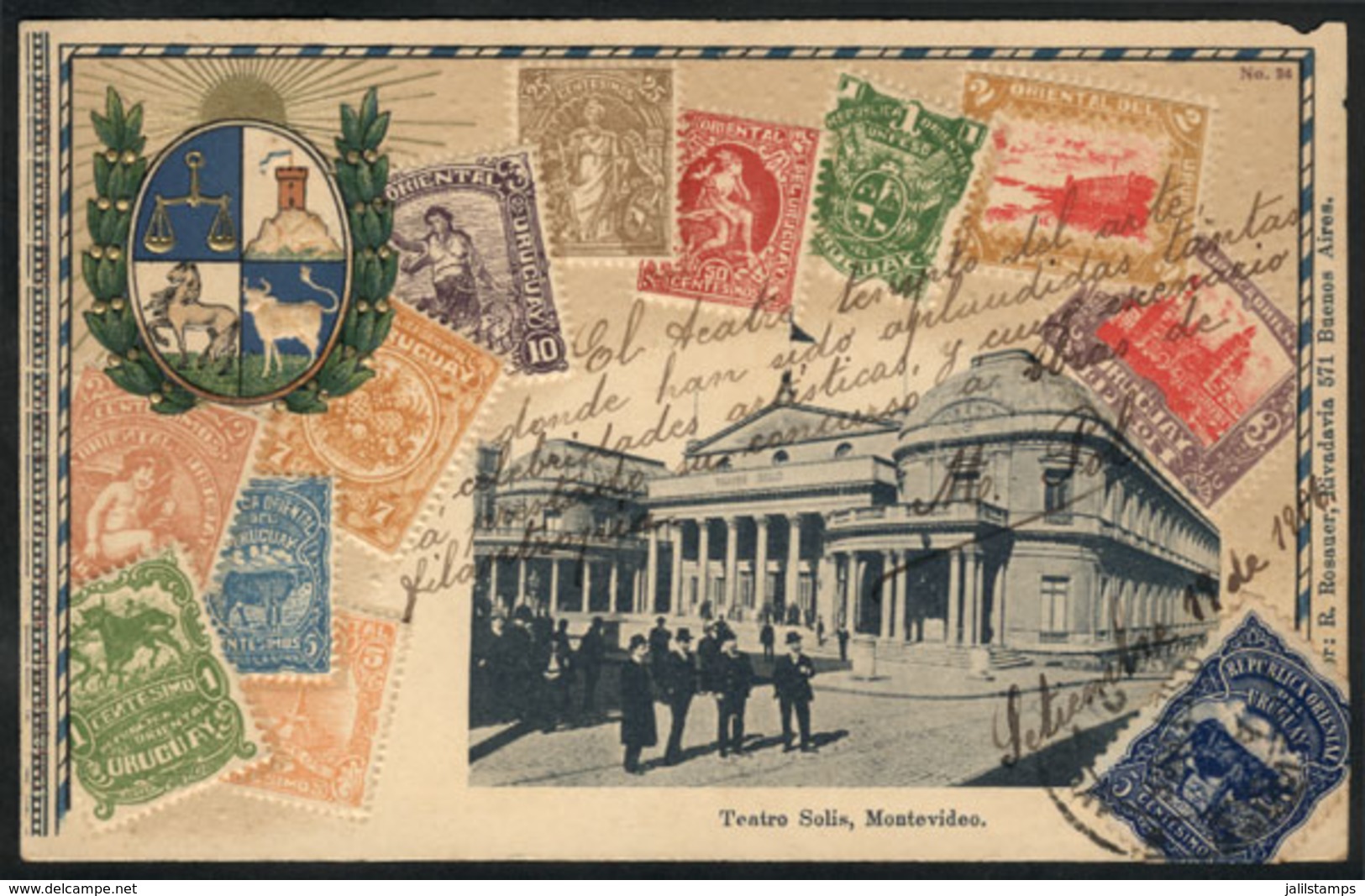 URUGUAY: Montevideo: Solís Theater, Postage Stamps And Coat Of Arms, Editor Rosauer, Used In 1906, VF Quality! - Uruguay