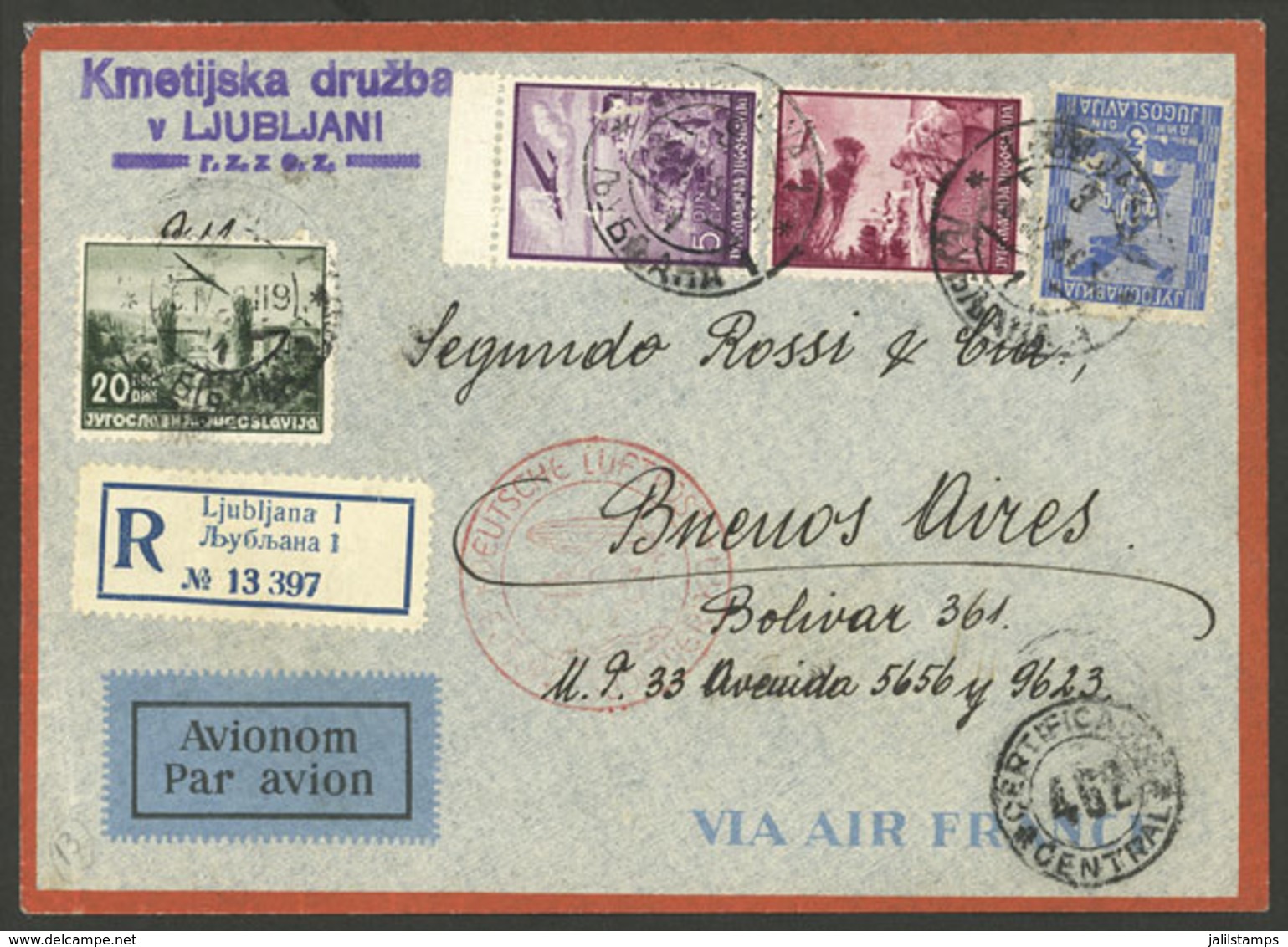 YUGOSLAVIA: 26/AP/1938 Ljubljana - Argentina, Airmail Cover Sent By German DLH Franked With 38D., Excellent Quality! - Autres & Non Classés