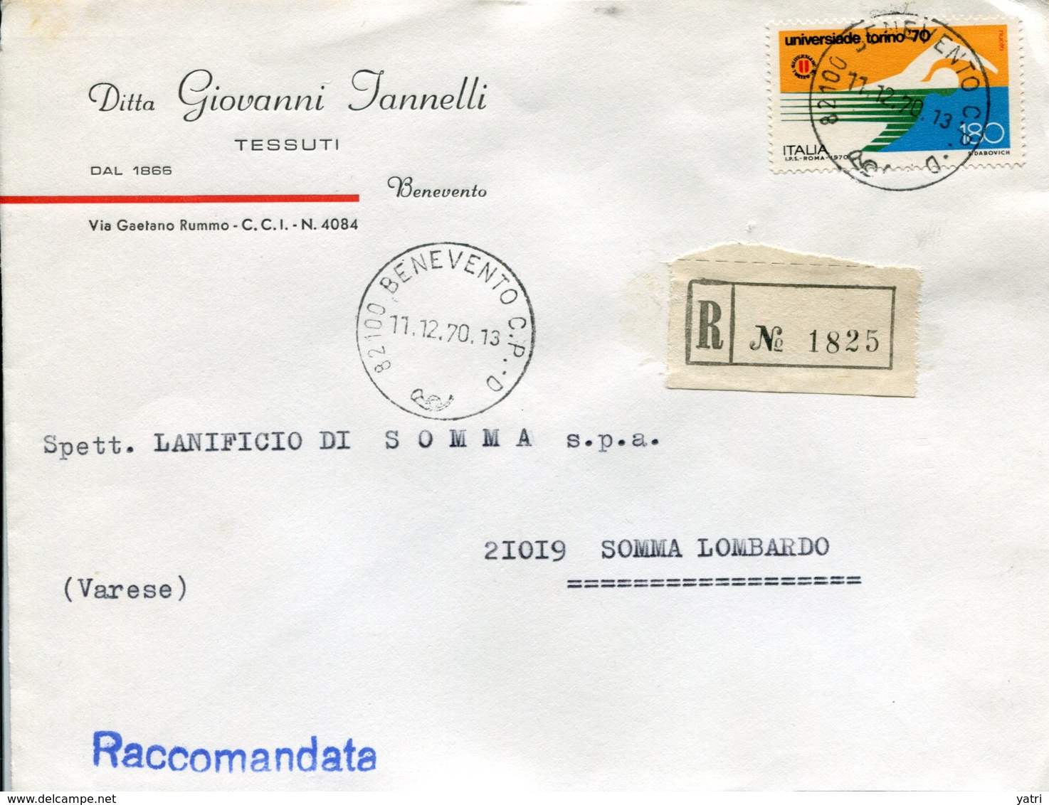 Italia (1970) - 180 Lire "Universiadi" Isolato Su Raccomandata Da Benevento - 1961-70: Marcophilie