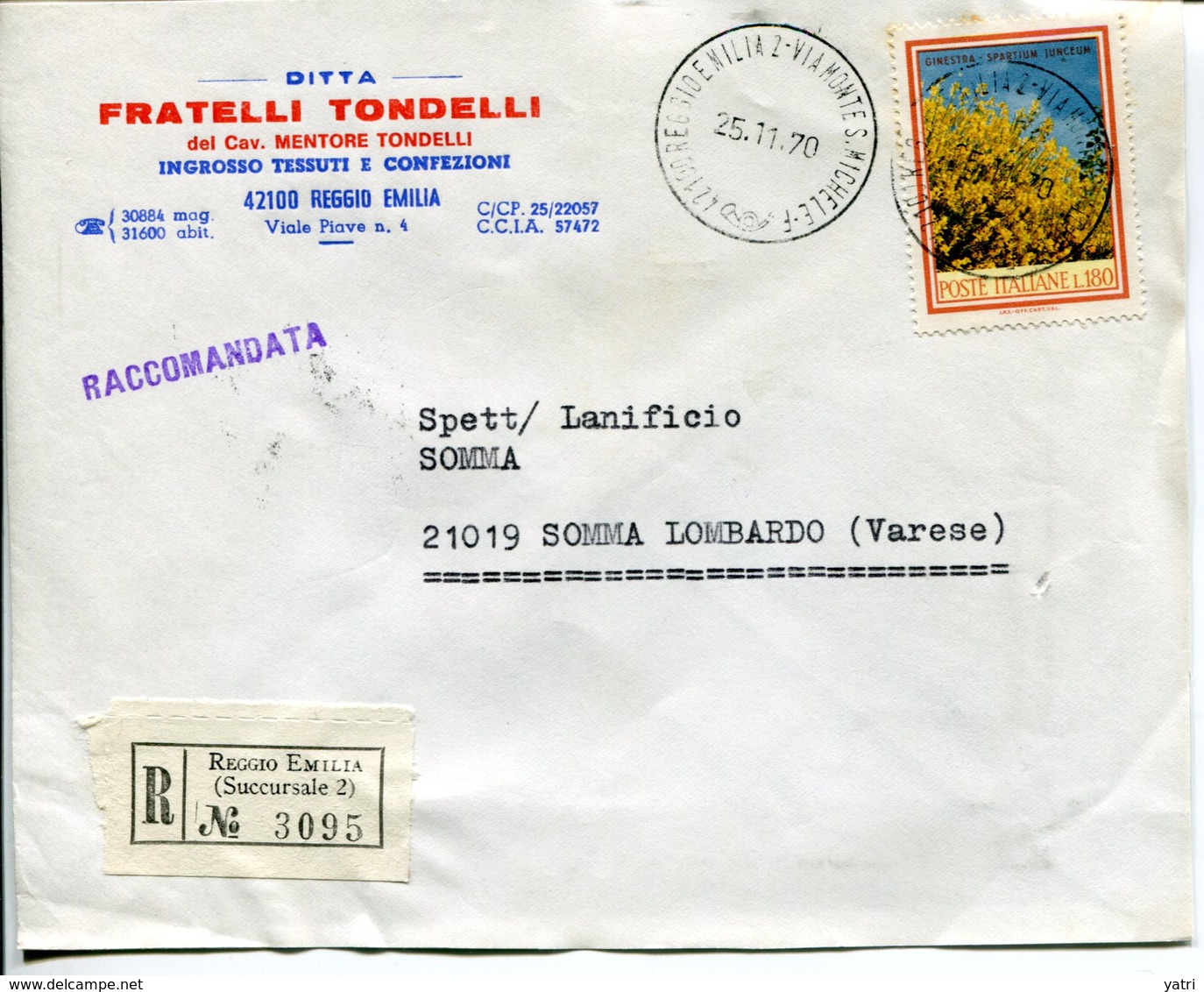 Italia (1970) - 180 Lire "Flora" Su Raccomandata Da Reggio Emilia (succ. 2) - 1961-70: Marcophilie