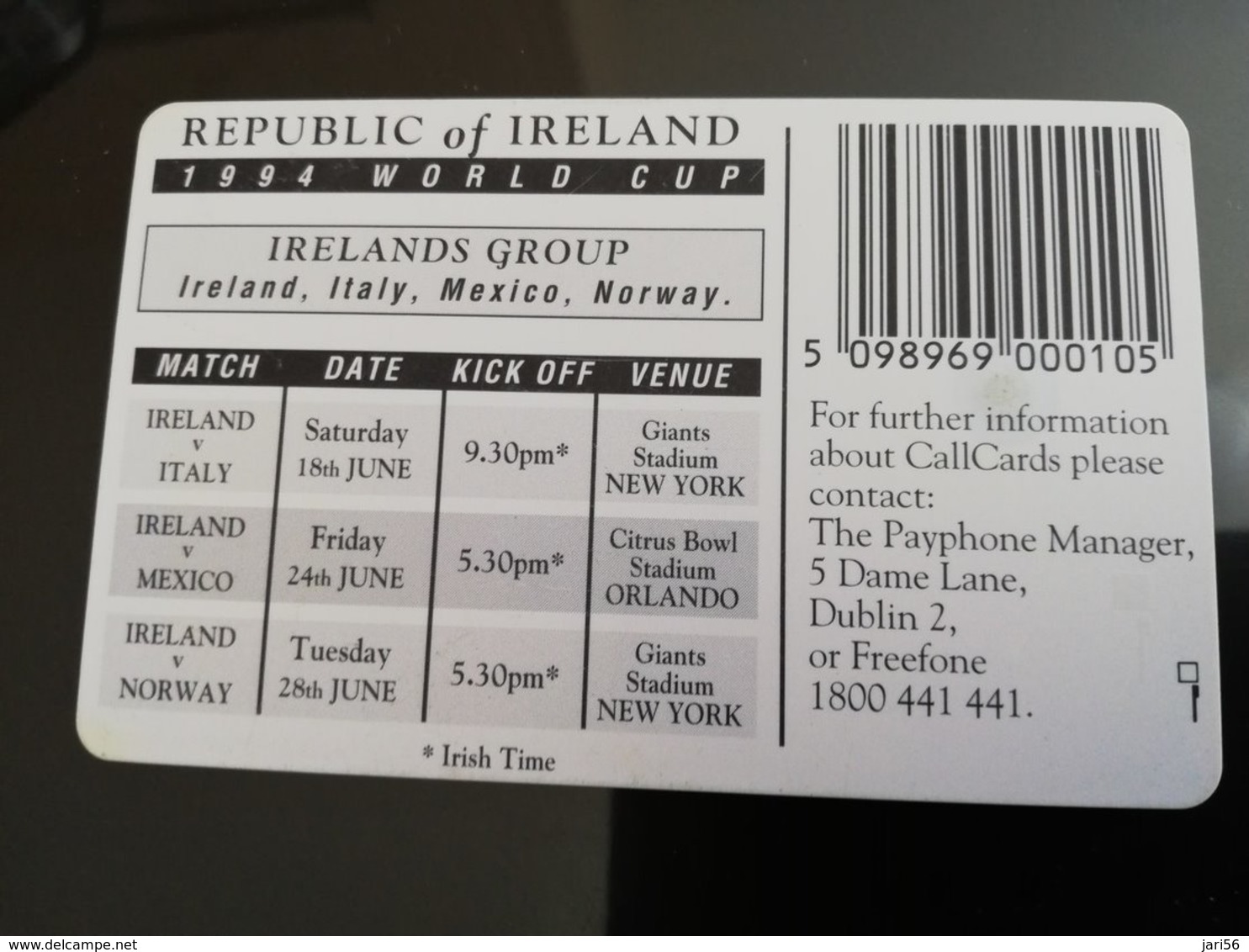 IRELAND /IERLANDE 10 Units Call CardUSA 94 NATIONAL FUTBOL TEAM CHIPCARD      ** 163** - Ireland