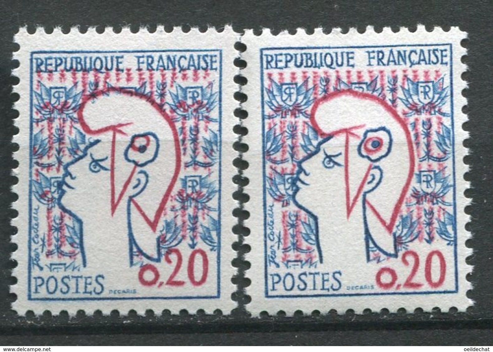 17101 FRANCE N°1282**(Yvert) 20c. Marianne De Cocteau : Rouge Décalé Vers Le Haut + Normal (non Fourni)  1961  TB - Neufs