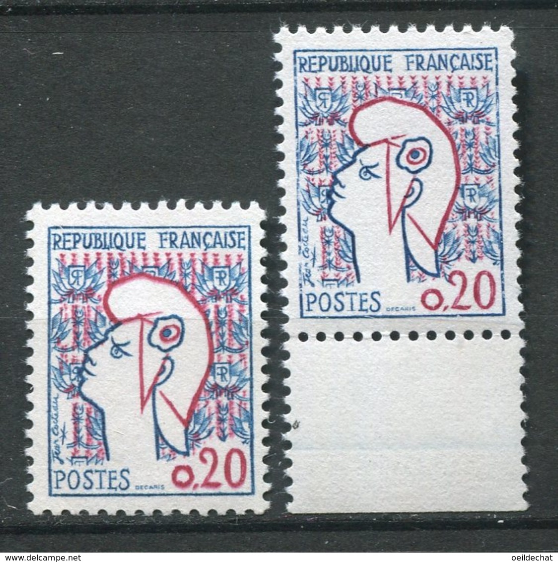17102 FRANCE N°1282a**(Yvert) 20c. Marianne De Cocteau : Type II Virgule Sur La Tête 2 + Type I (non Fourni)  1961  TB - Neufs