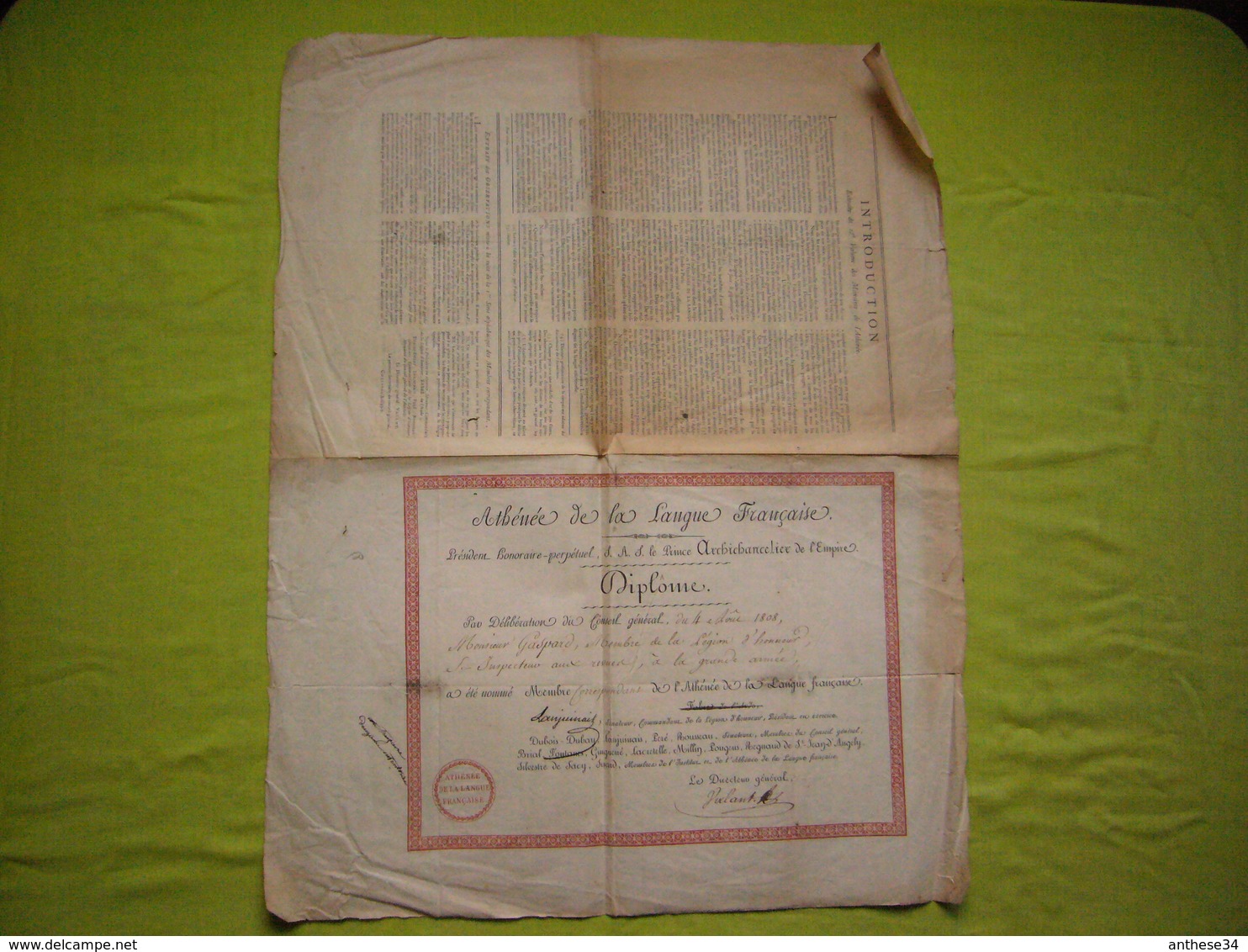 Diplôme L'Athénée De La Langue Française 1808 à Mr Gaspard Double Page - Diploma's En Schoolrapporten