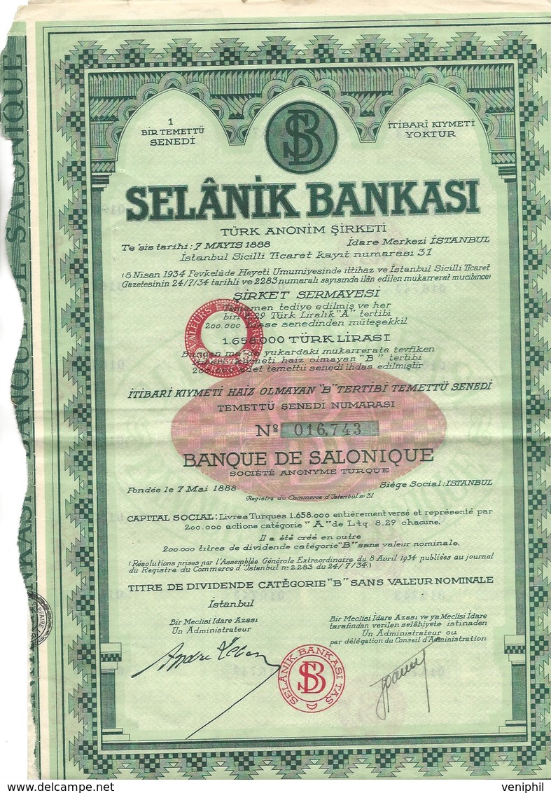 BANQUE DE SALONIQUE- TURQUIE - TITRE DE DIVIDENDE CATEGORIE " B "  1934 - Banco & Caja De Ahorros