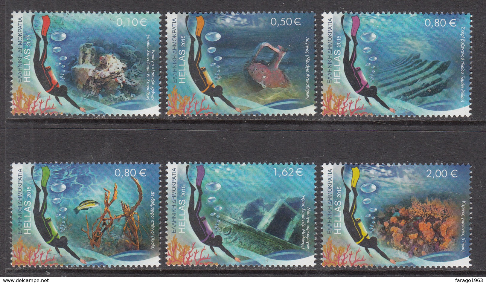 2015 Greece Diving Wrecks Marine Life Complete Set Of 6 MNH  @ BELOW FACE VALUE - Unused Stamps