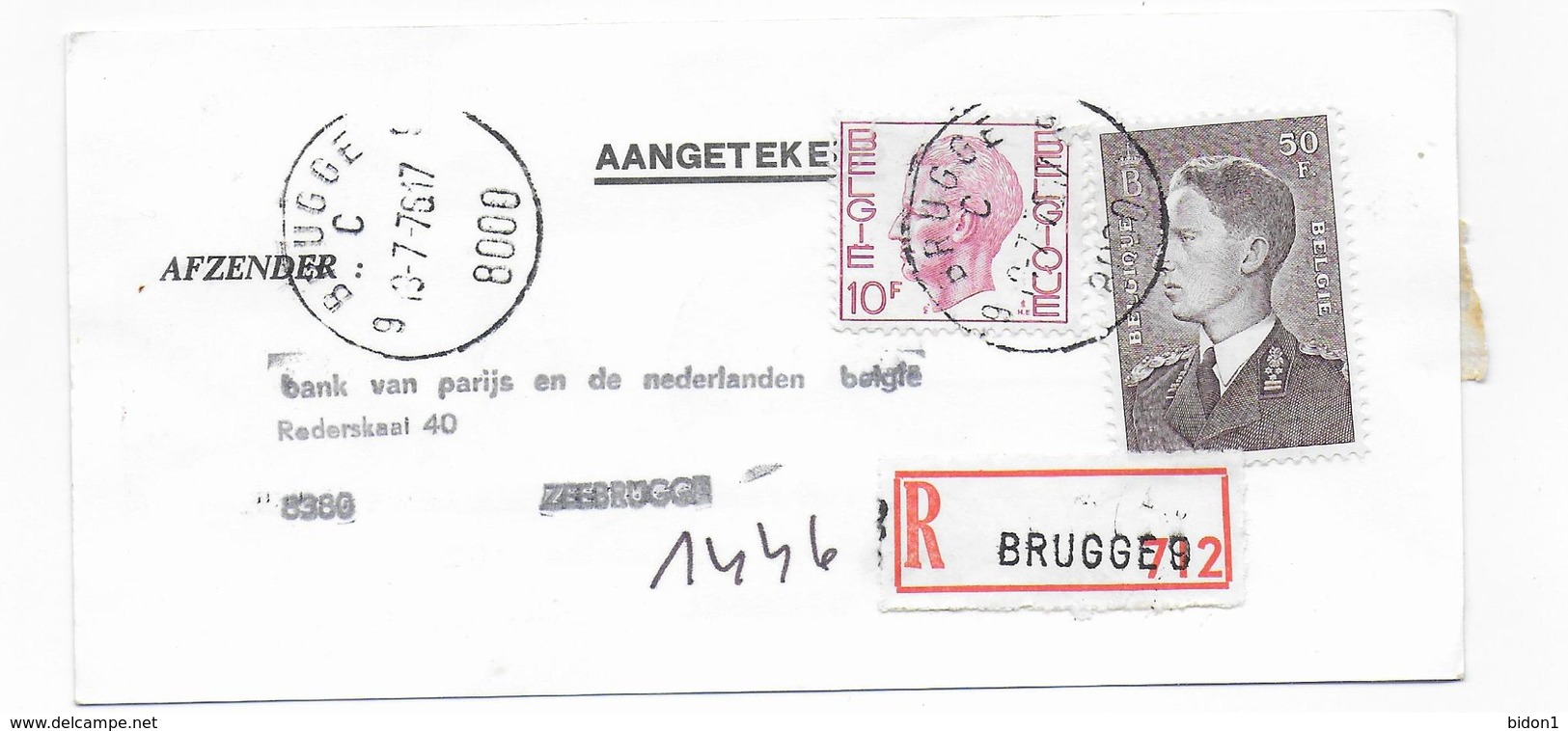 1976 Recommandé ETIKET BANK VAN PARIJS EN NEDERLANDEN BRUSSEL (91,50 Bfr ) Verso BRUGGE ( 60 Bfr ) ZEEBRUGGE - 1970-1980 Elström