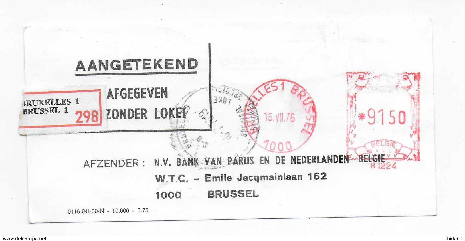 1976 Recommandé ETIKET BANK VAN PARIJS EN NEDERLANDEN BRUSSEL (91,50 Bfr ) Verso BRUGGE ( 60 Bfr ) ZEEBRUGGE - 1970-1980 Elström